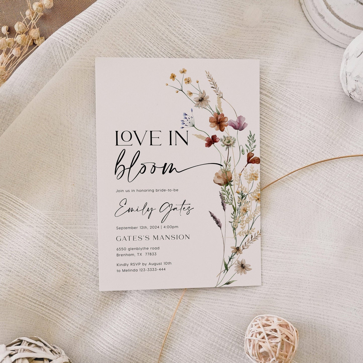 Love In Bloom invitation | Boho Floral Bridal shower invitation - LovelyTemplatesCo