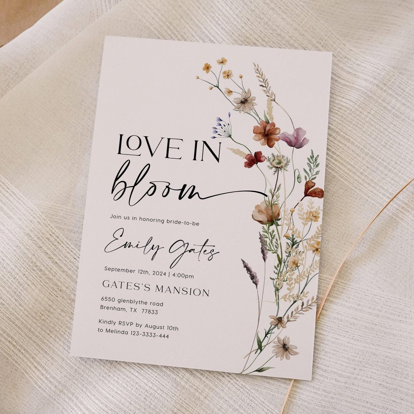 Love In Bloom invitation | Boho Floral Bridal shower invitation - LovelyTemplatesCo