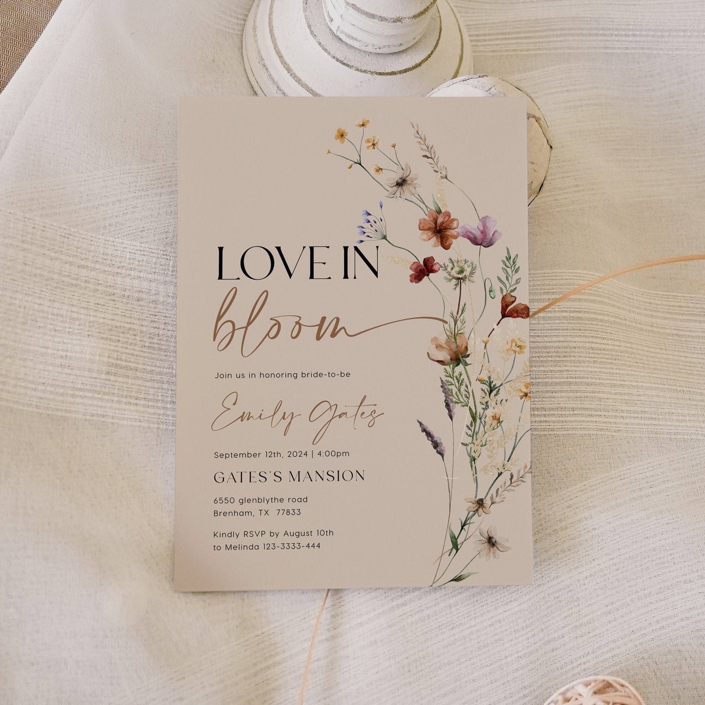 Love in Bloom Invitation | Bridal Shower Invitation | Beige Invitation with Boho Florals - LovelyTemplatesCo