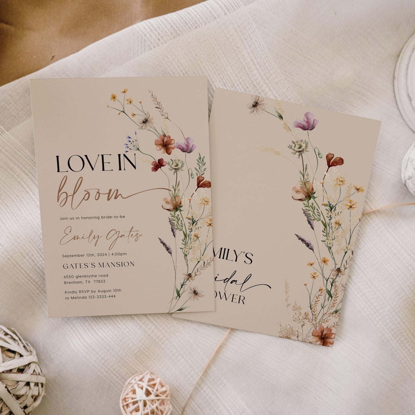 Love in Bloom Invitation | Bridal Shower Invitation | Beige Invitation with Boho Florals - LovelyTemplatesCo