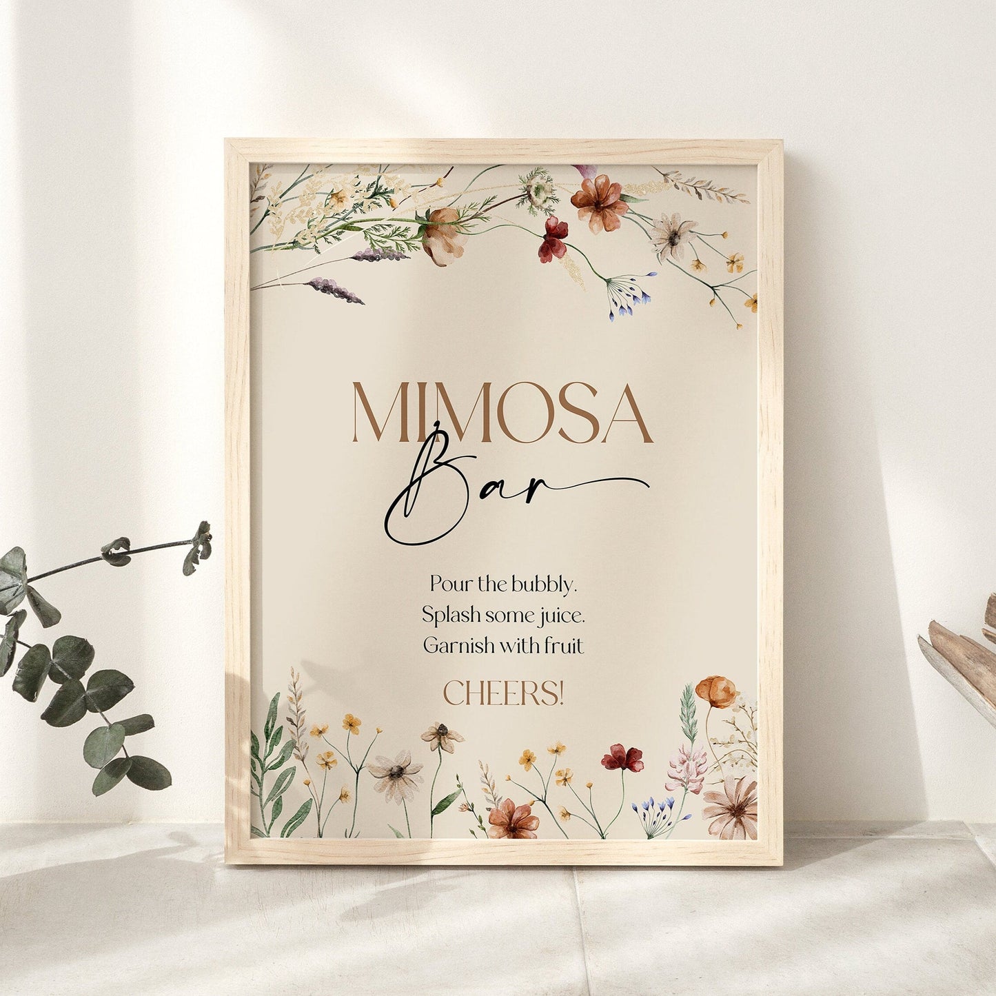 Mimosa Bar Sign, Floral Mimosa Bar sign, Beige Floral Wedding Sign - LovelyTemplatesCo