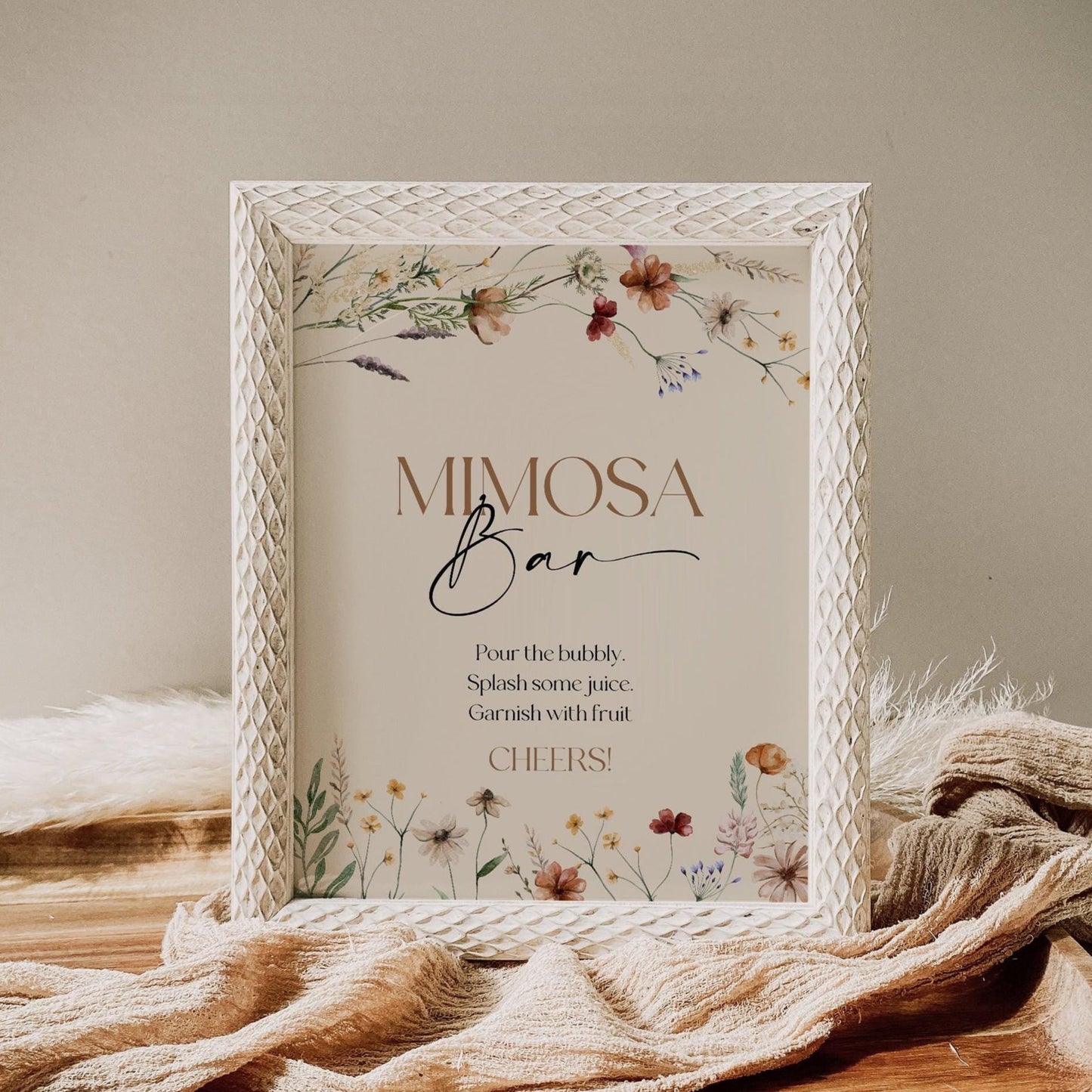 Mimosa Bar Sign, Floral Mimosa Bar sign, Beige Floral Wedding Sign - LovelyTemplatesCo