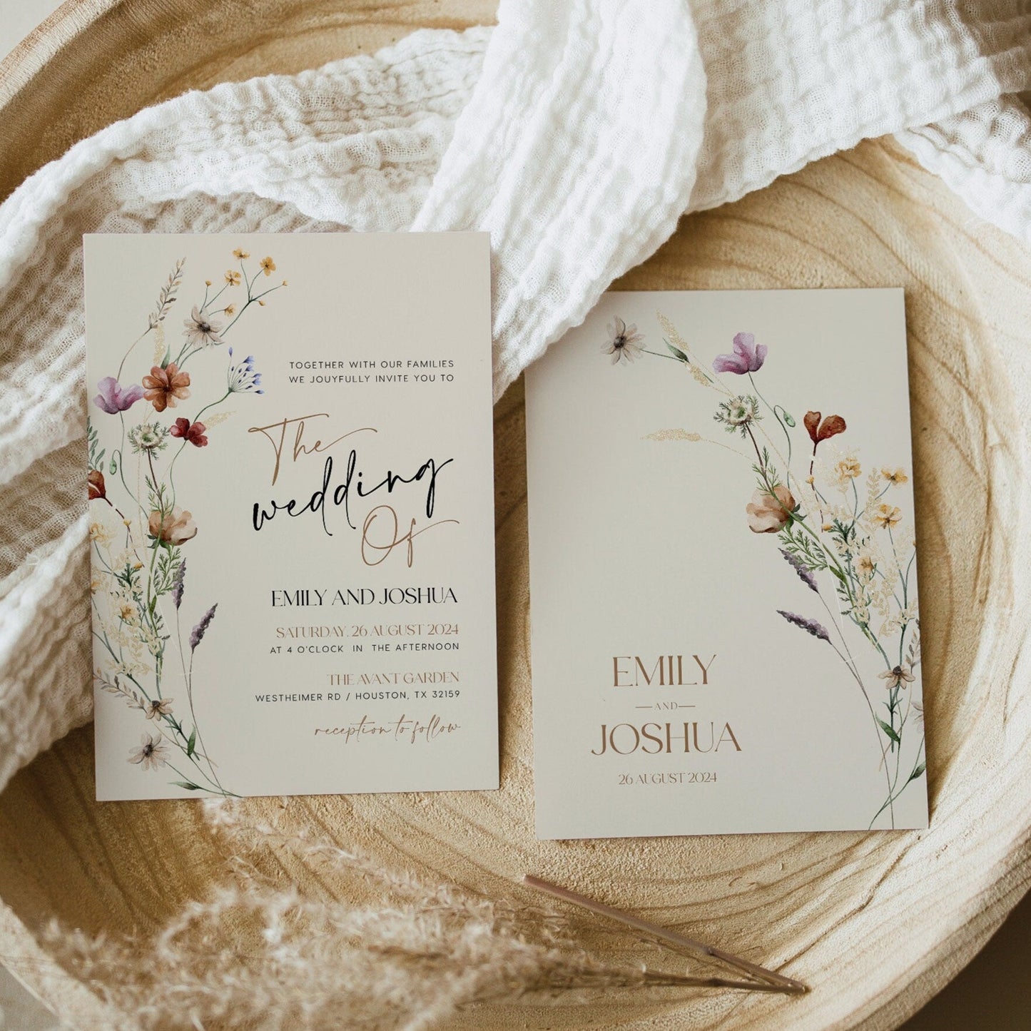 Modern Wildflower Wedding Invitation, Beige Wedding Invitation template - LovelyTemplatesCo