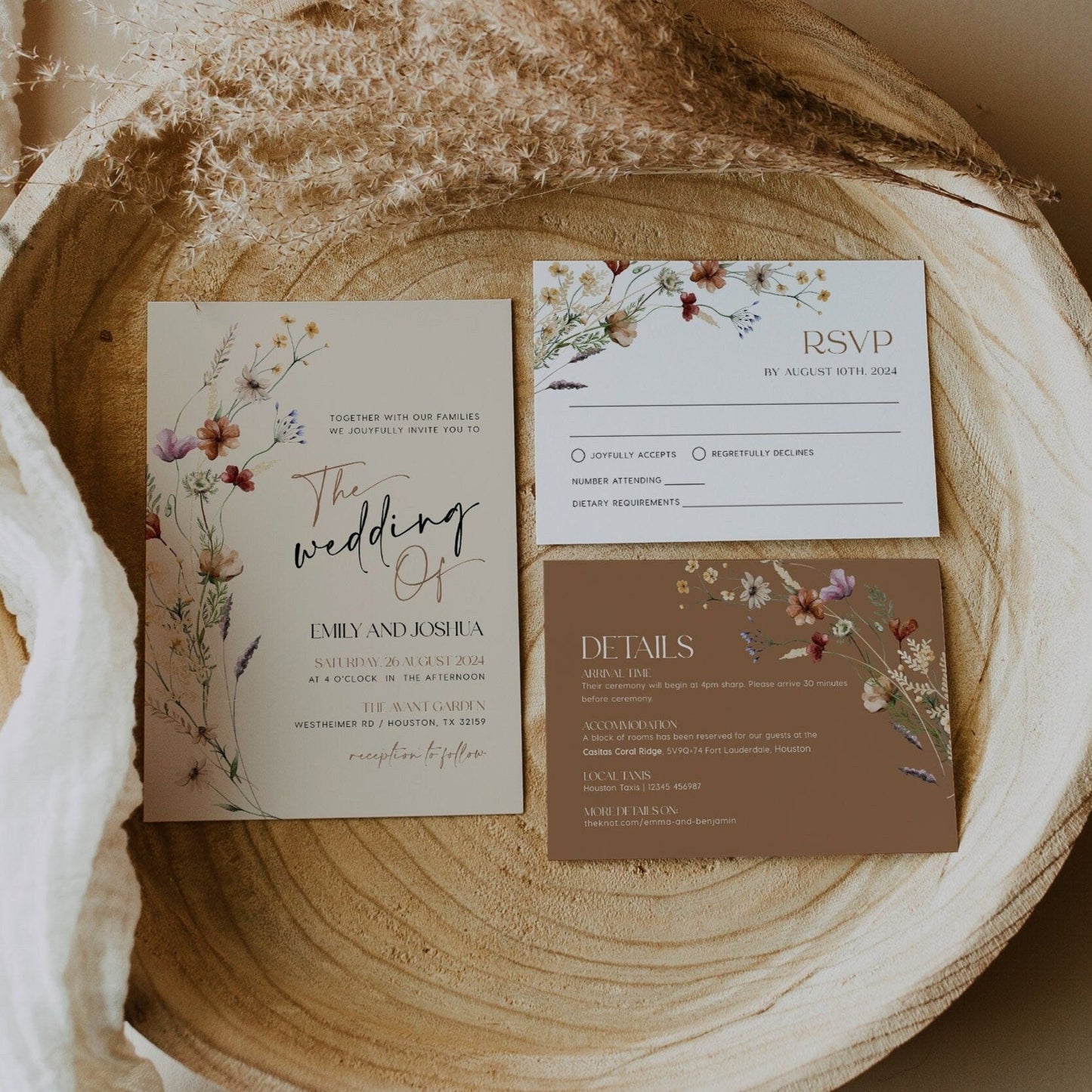 Modern Wildflower Wedding Invitation, Beige Wedding Invitation template - LovelyTemplatesCo