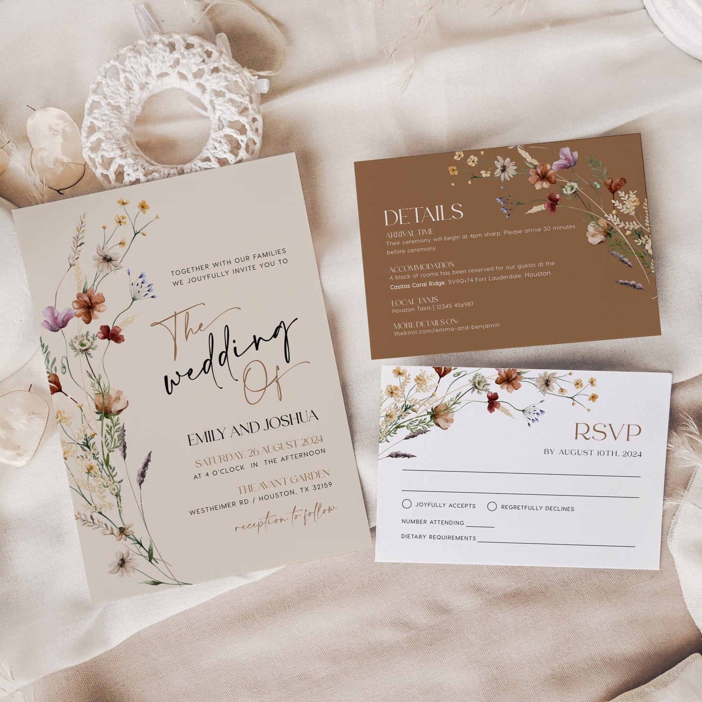 Modern Wildflower Wedding Invitation, Beige Wedding Invitation template - LovelyTemplatesCo
