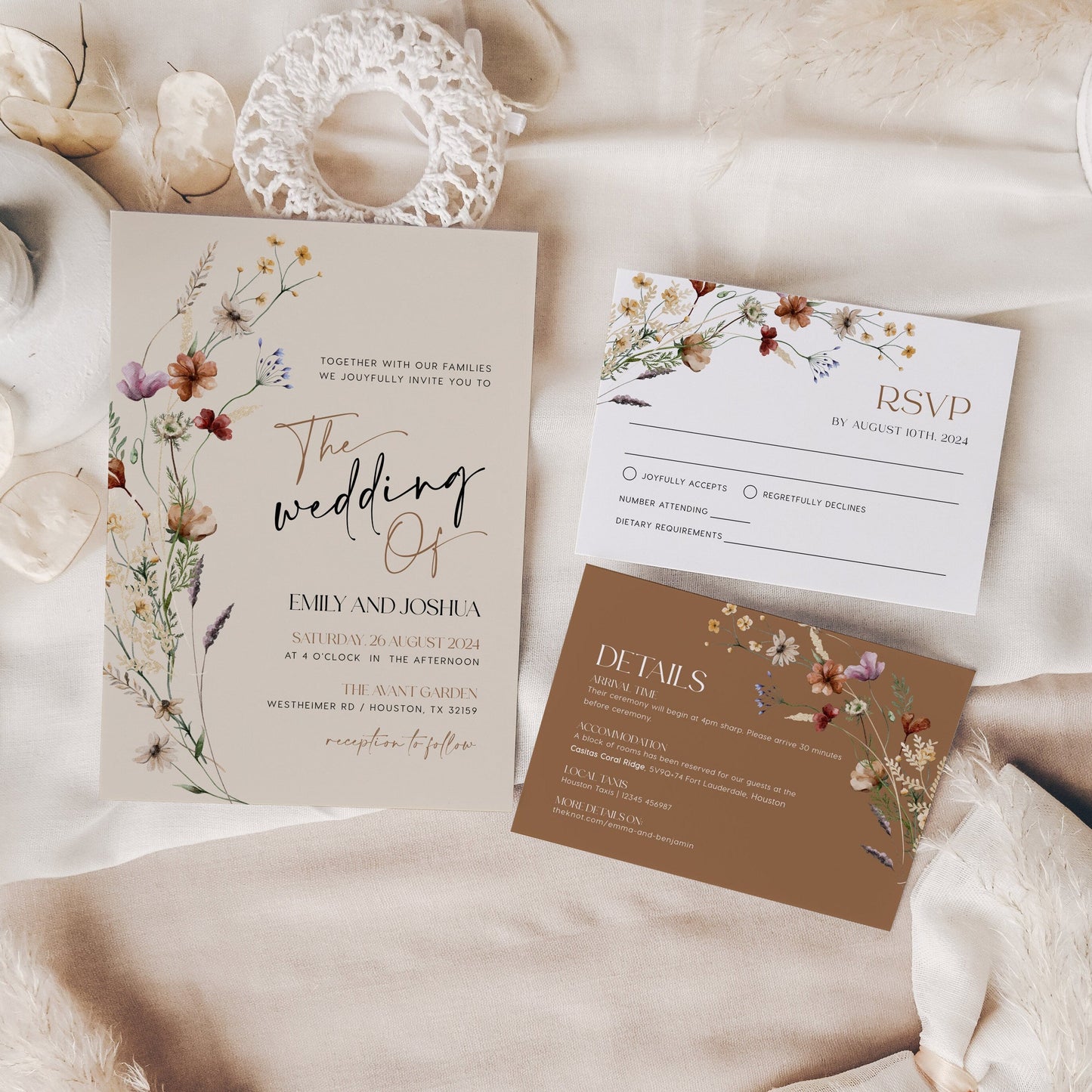Modern Wildflower Wedding Invitation, Beige Wedding Invitation template - LovelyTemplatesCo