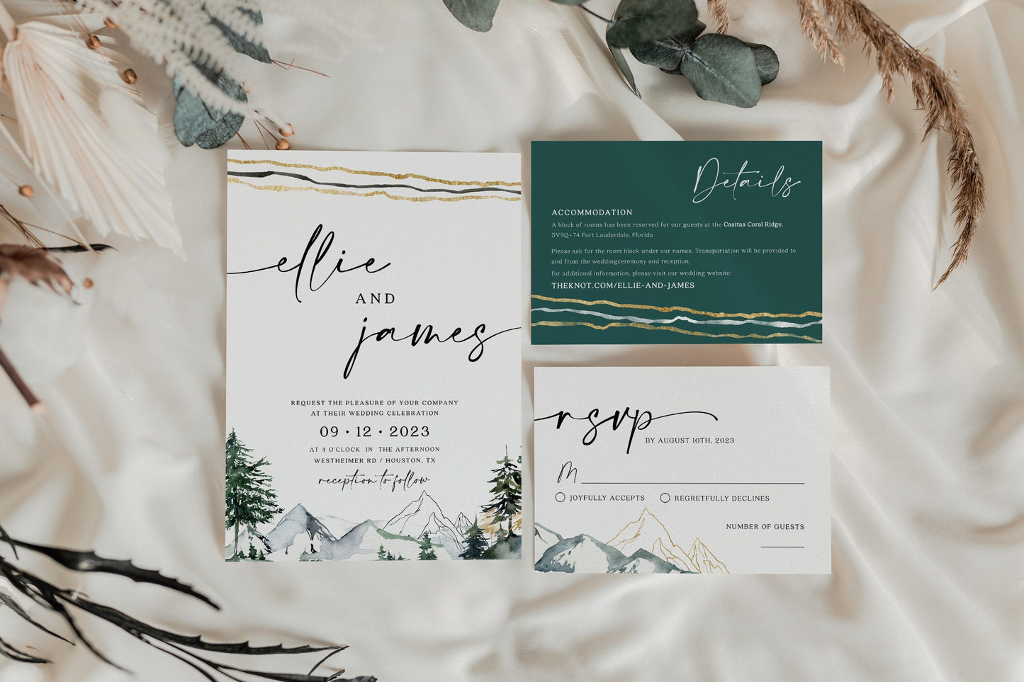 Mountains wedding invitation, Pine forest and mountains invitation set, Winter Wedding invitation template - LovelyTemplatesCo