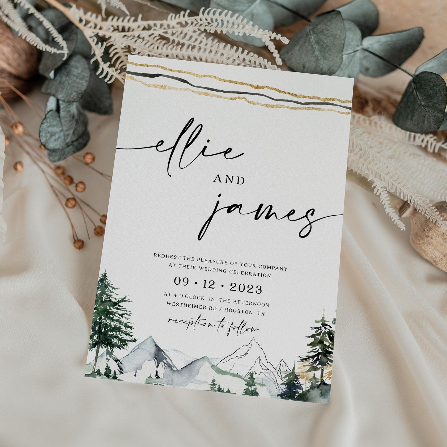 Mountains wedding invitation, Pine forest and mountains invitation set, Winter Wedding invitation template - LovelyTemplatesCo