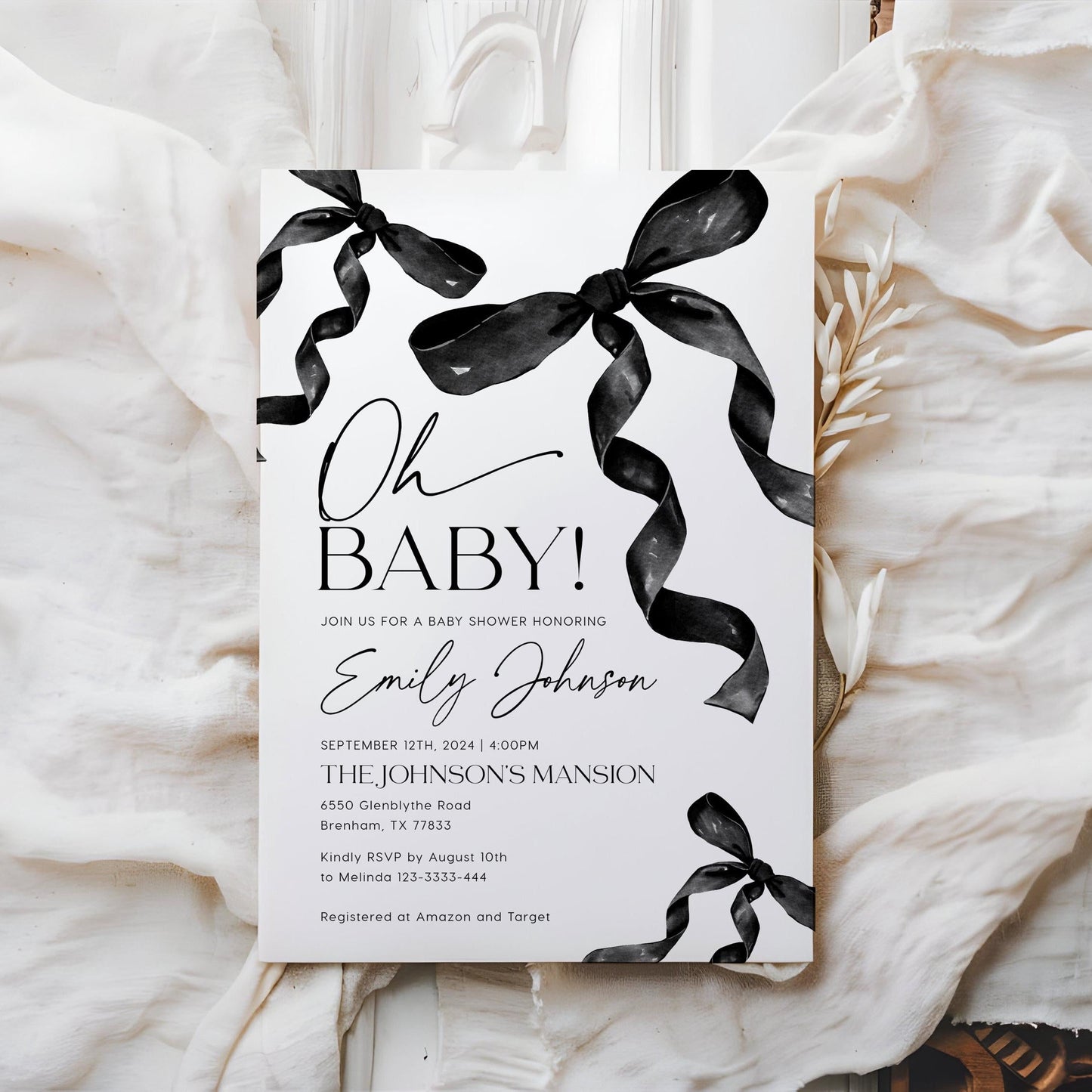 Oh Baby Invitation | Baby Shower Invitation | Coquette Bow Invitation - LovelyTemplatesCo