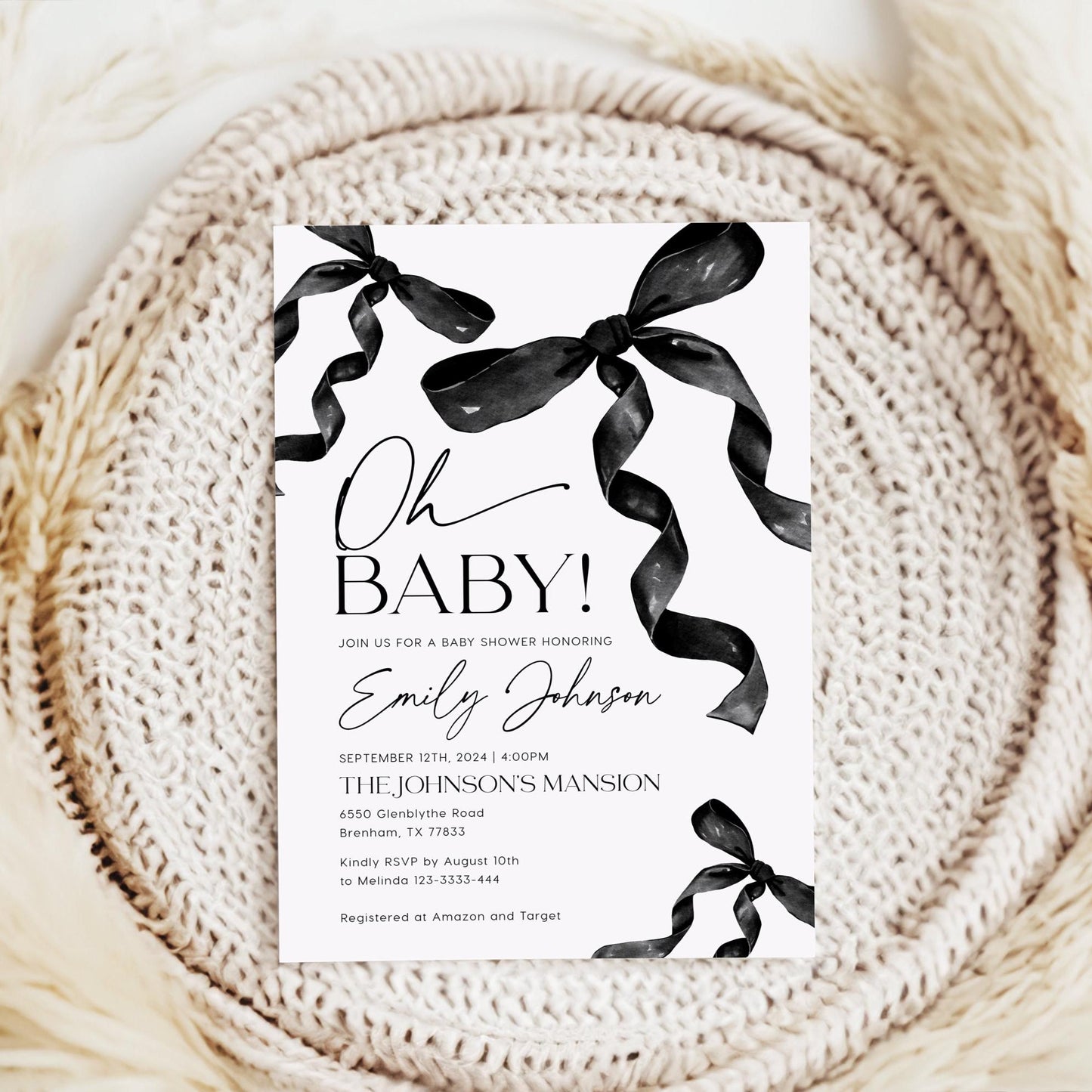 Oh Baby Invitation | Baby Shower Invitation | Coquette Bow Invitation - LovelyTemplatesCo