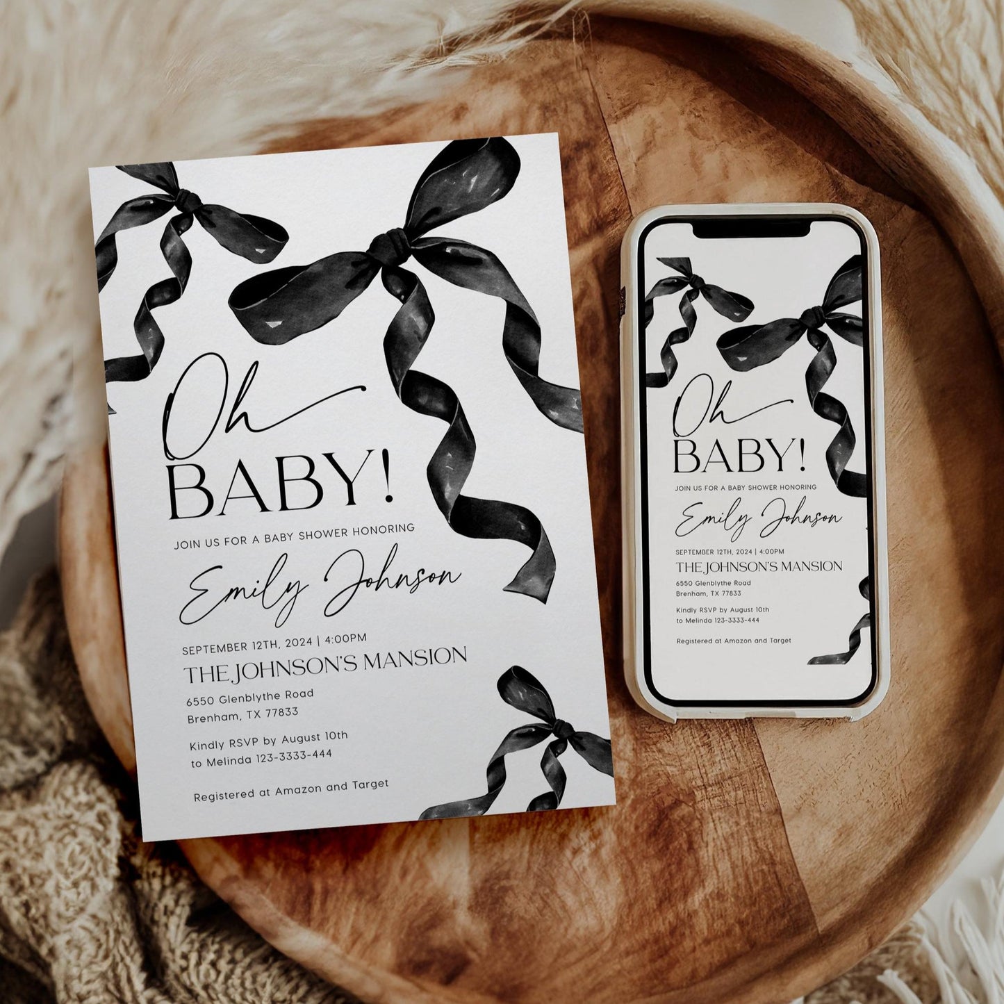 Oh Baby Invitation | Baby Shower Invitation | Coquette Bow Invitation - LovelyTemplatesCo
