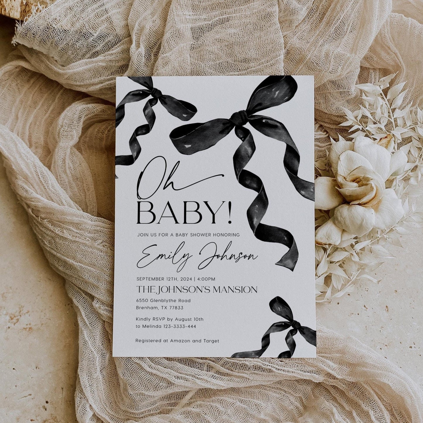 Oh Baby Invitation | Baby Shower Invitation | Coquette Bow Invitation - LovelyTemplatesCo