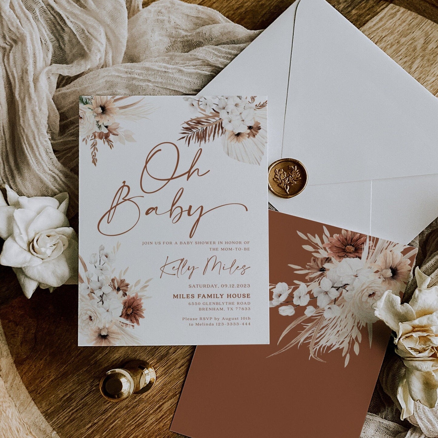 Oh Baby invitation, Boho Pampas baby shower invitation - LovelyTemplatesCo
