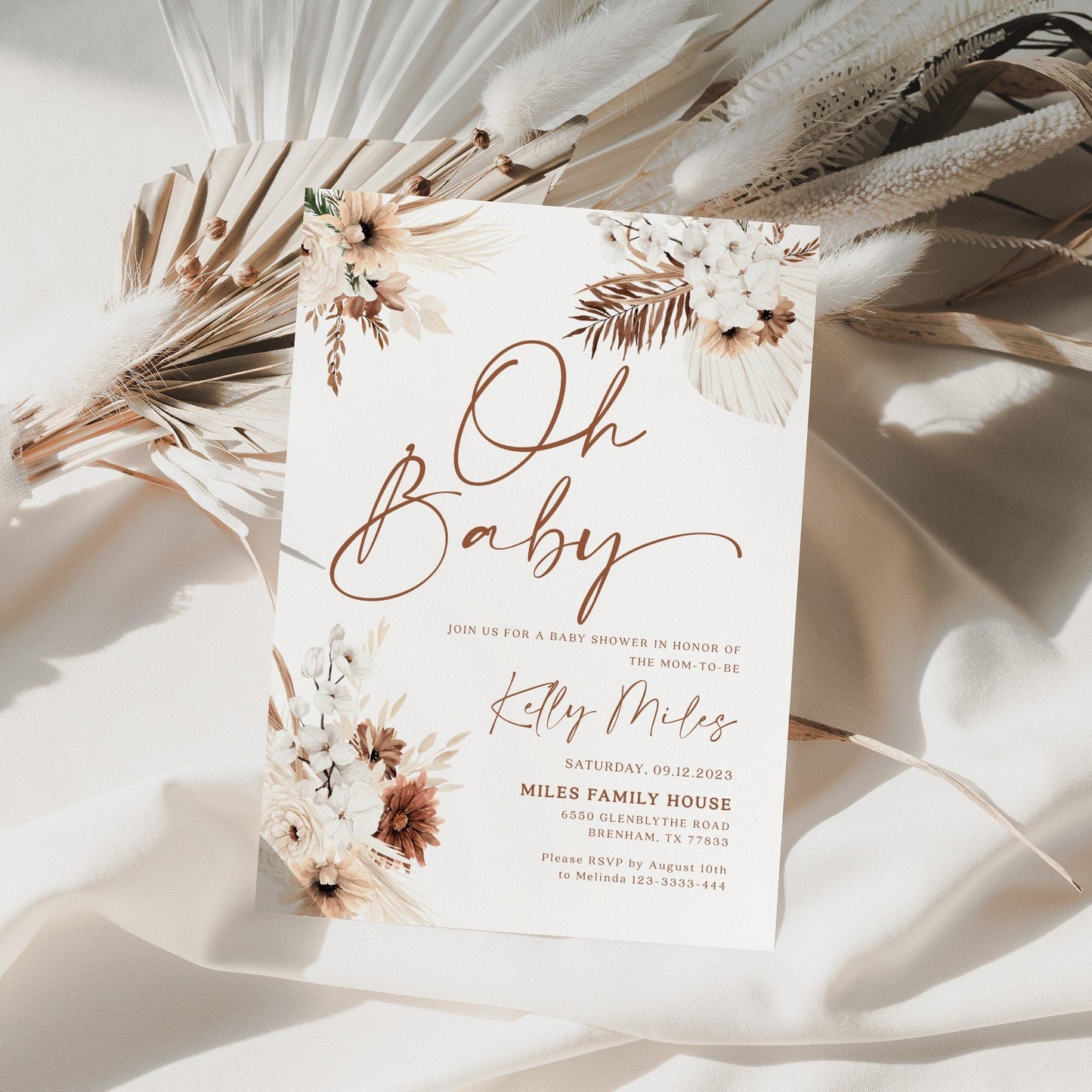 Oh Baby invitation, Boho Pampas baby shower invitation - LovelyTemplatesCo