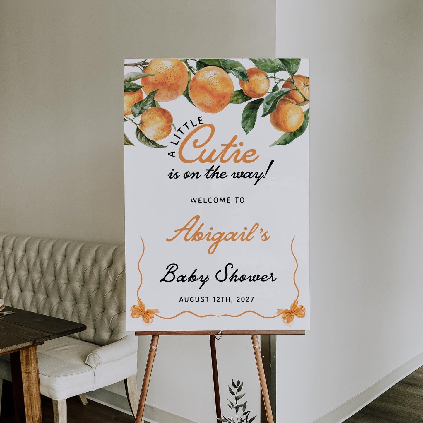 Orange Baby Shower Welcome Sign | Little Cutie Baby Shower Sign - LovelyTemplatesCo