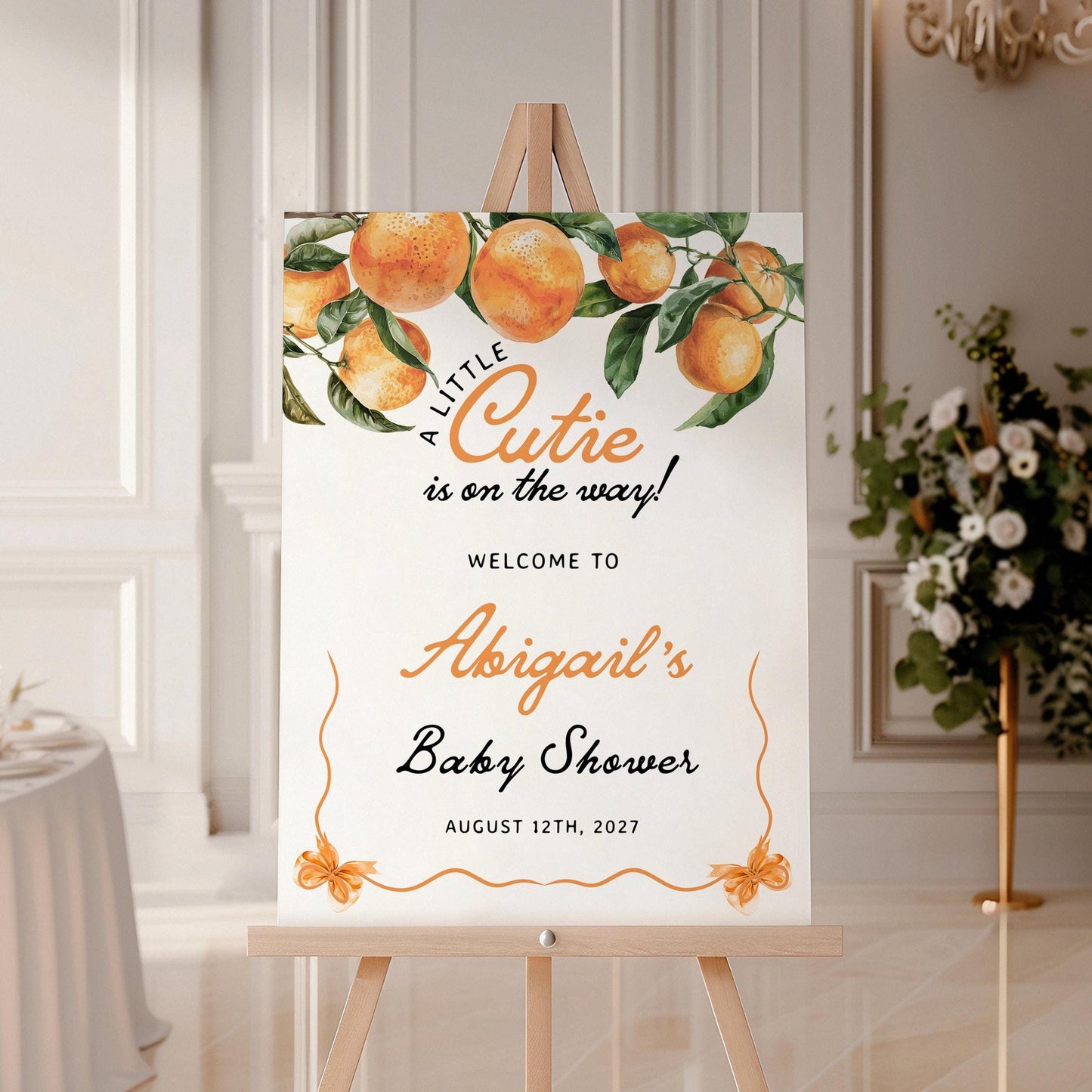 Orange Baby Shower Welcome Sign | Little Cutie Baby Shower Sign - LovelyTemplatesCo