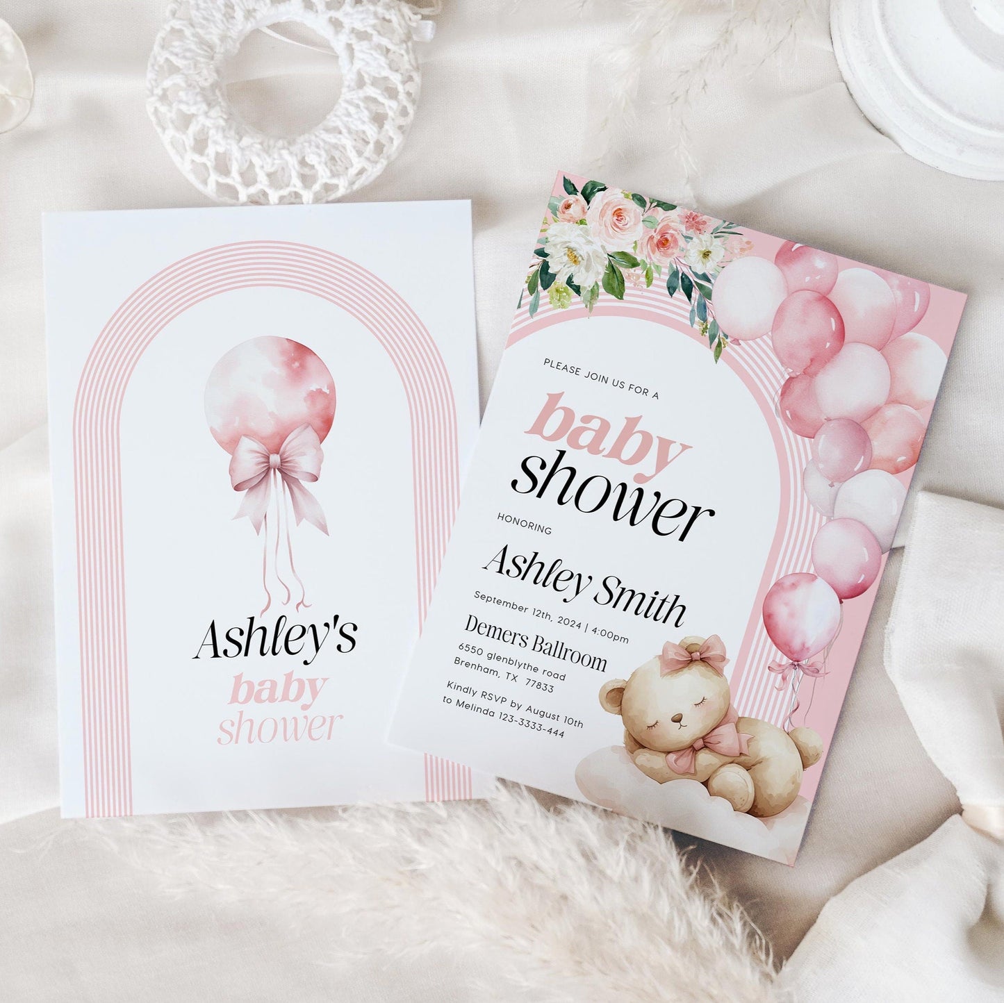 Pink Baby Shower Invitation, Girl baby shower invitation, Bear with balloons baby shower - LovelyTemplatesCo