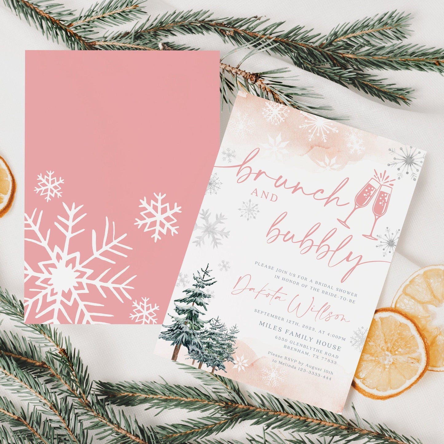 Pink Winter Bridal shower invitation, Bridal shower brunch invitation template - LovelyTemplatesCo