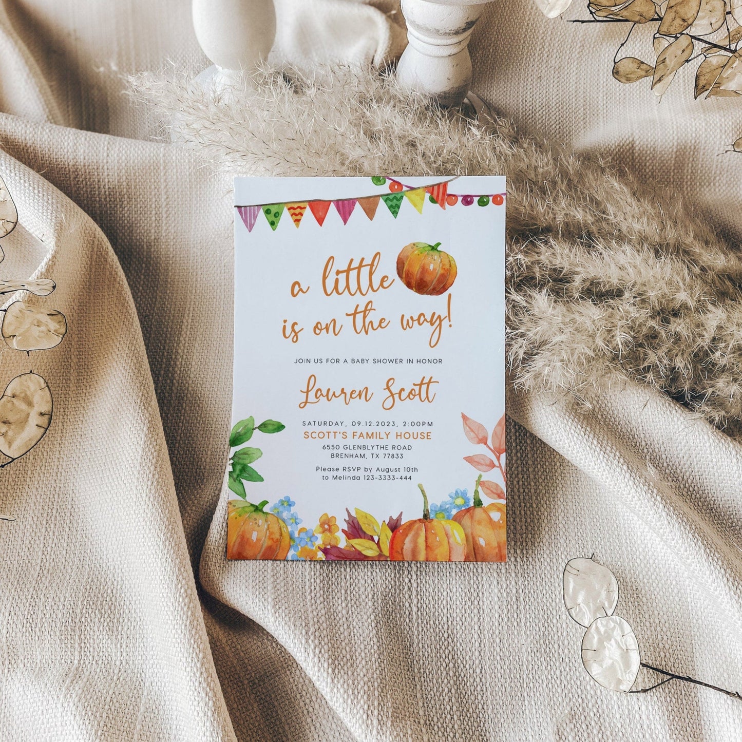 Pumpkin baby shower invitation, Fall baby shower invitation - LovelyTemplatesCo