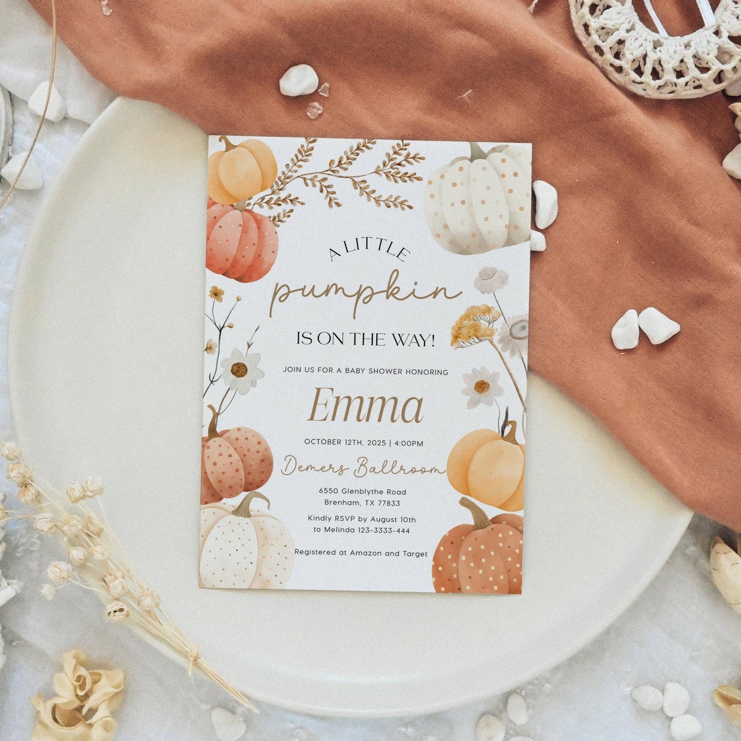 Pumpkin Baby Shower Invitation, Fall baby shower Invitation template - LovelyTemplatesCo
