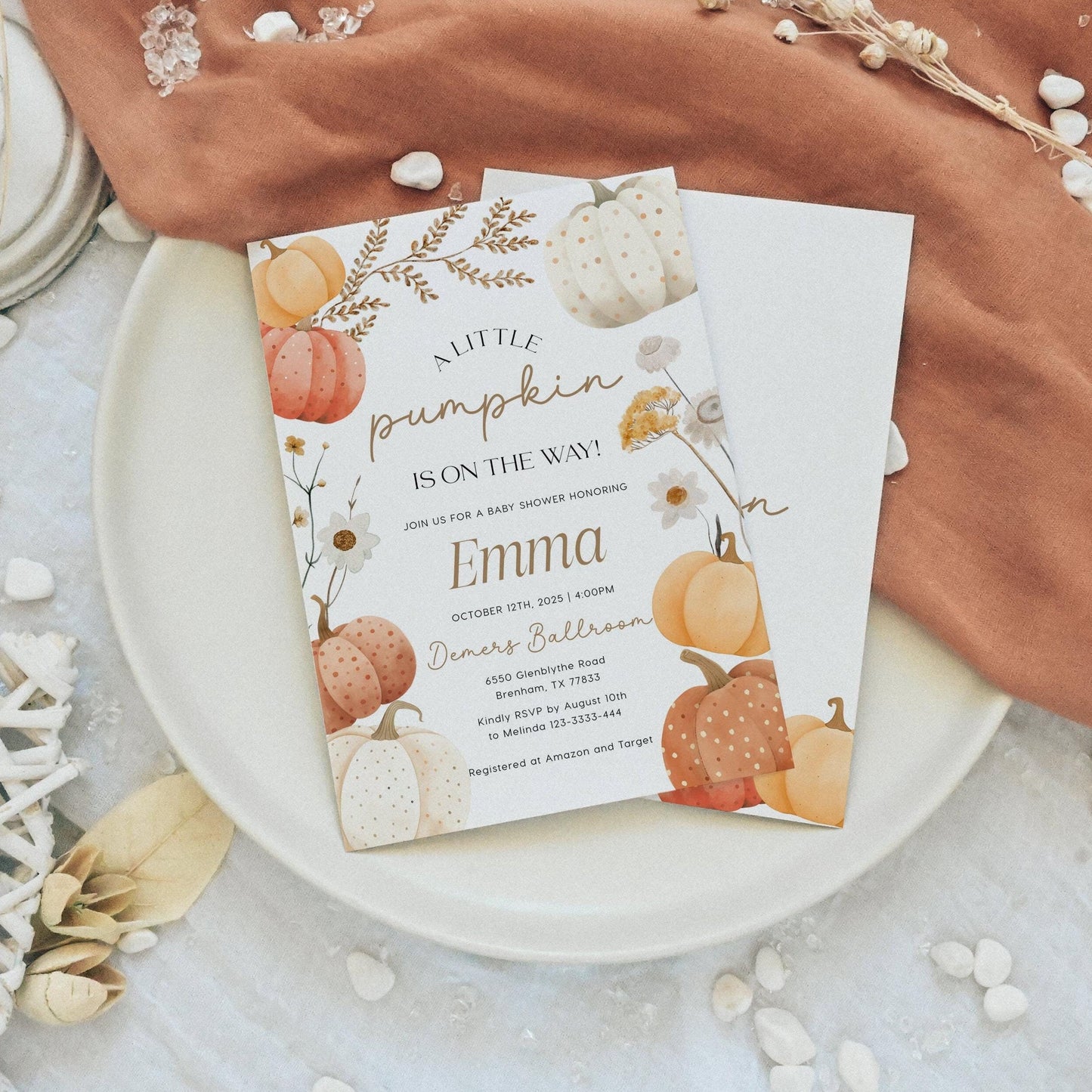 Pumpkin Baby Shower Invitation, Fall baby shower Invitation template - LovelyTemplatesCo