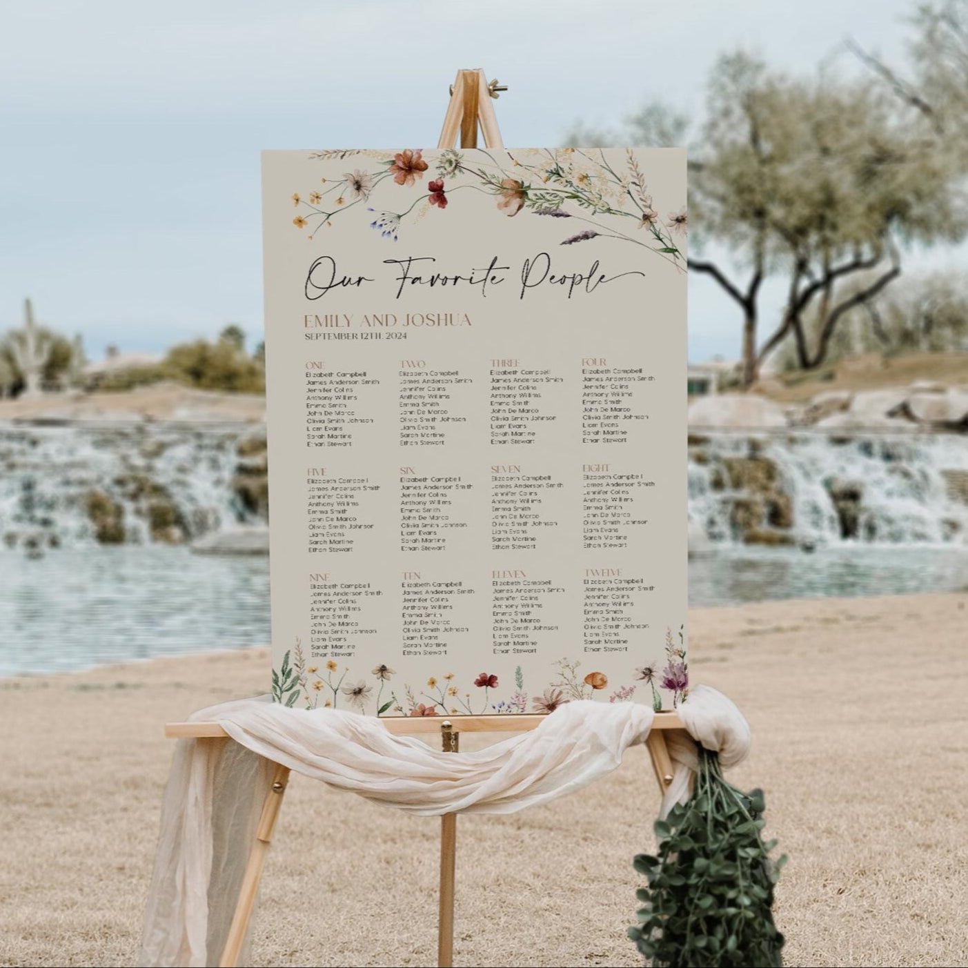 Seating chart sign template, Beige Seating chart with wildflowers - LovelyTemplatesCo