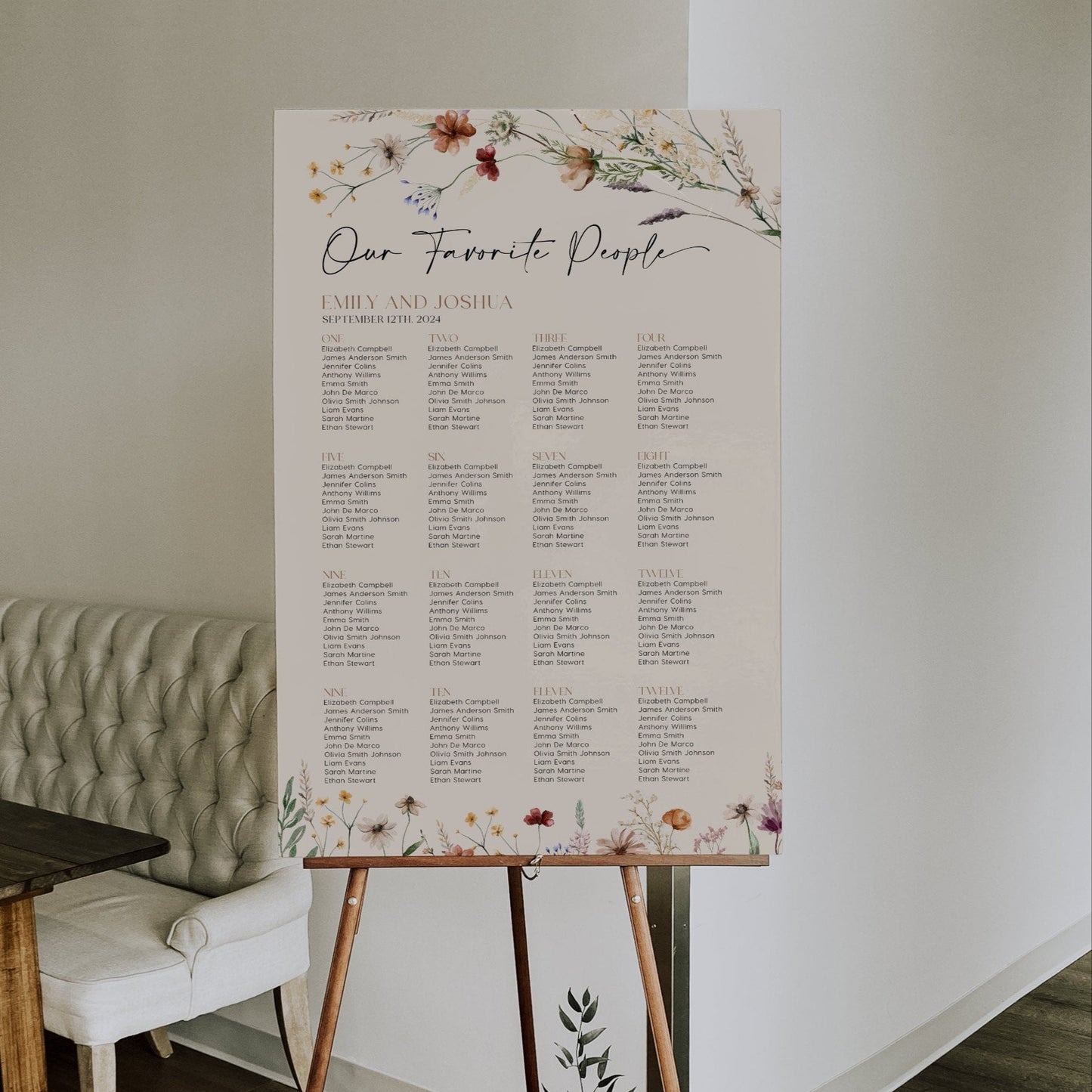 Seating chart sign template, Beige Seating chart with wildflowers - LovelyTemplatesCo