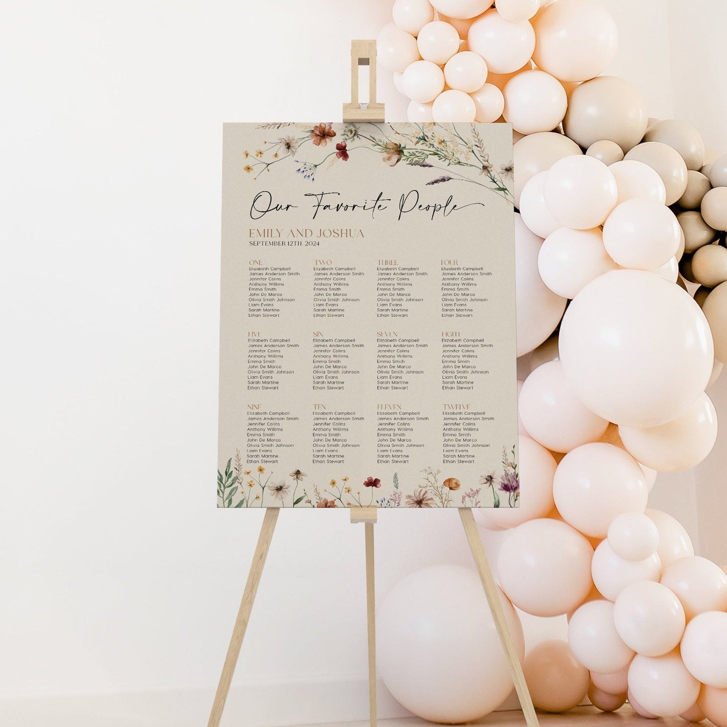Seating chart sign template, Beige Seating chart with wildflowers - LovelyTemplatesCo
