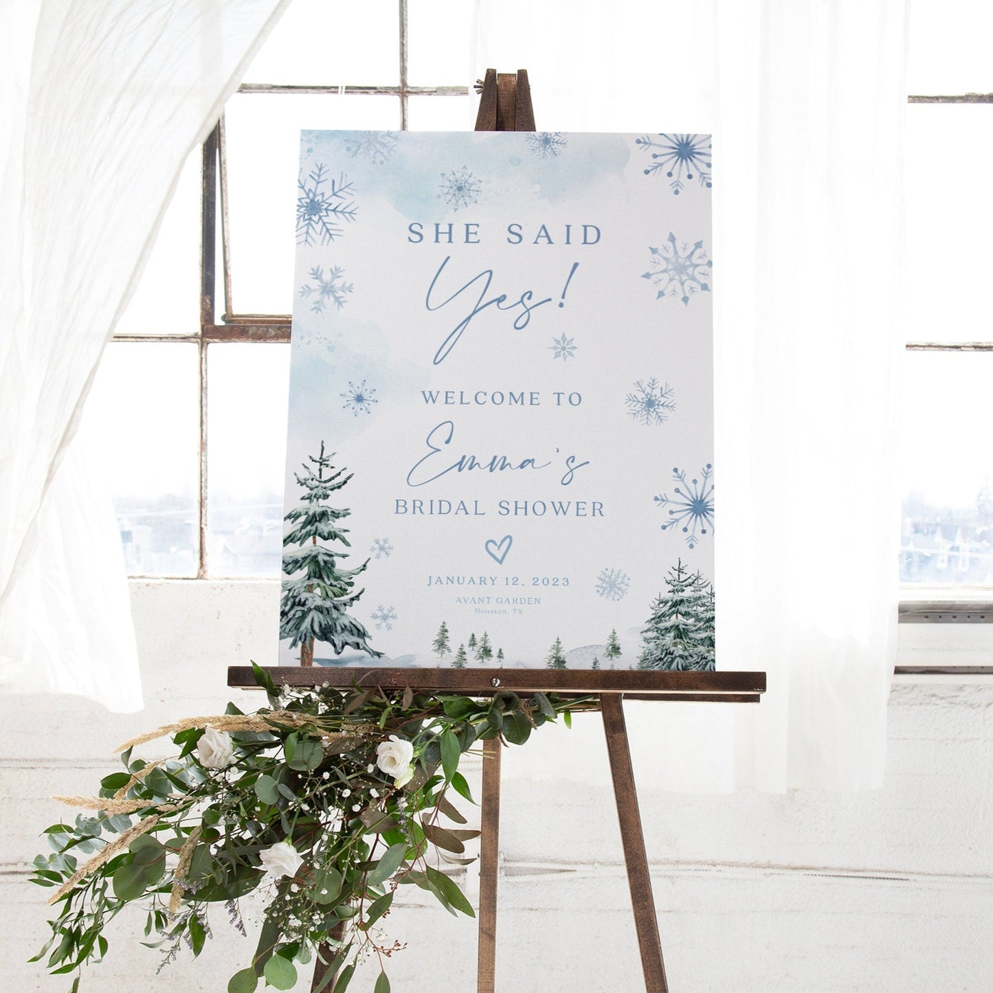 She Said Yes Winter Bridal Shower Welcome Sign - LovelyTemplatesCo