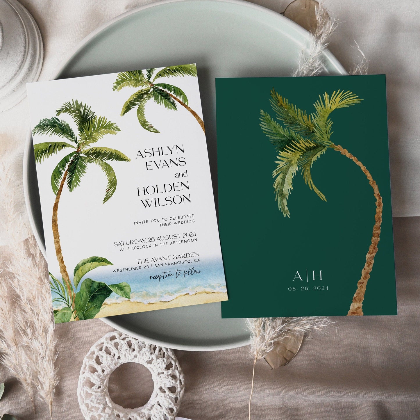 Tropical Beach Wedding invitation, Palm trees and Ocean wedding invitations set - LovelyTemplatesCo