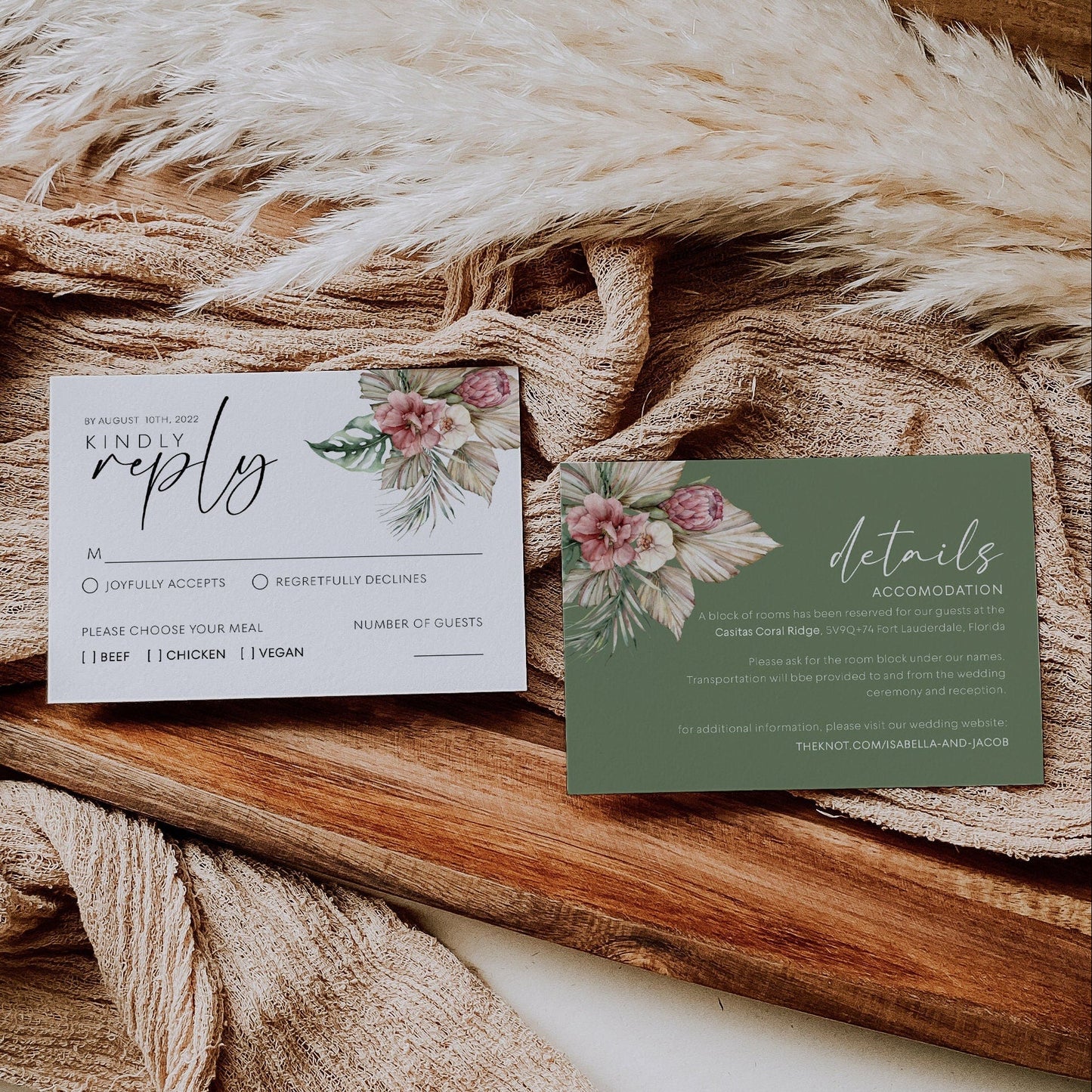 Tropical pampas Wedding invitation, Beach wedding invitation set - LovelyTemplatesCo