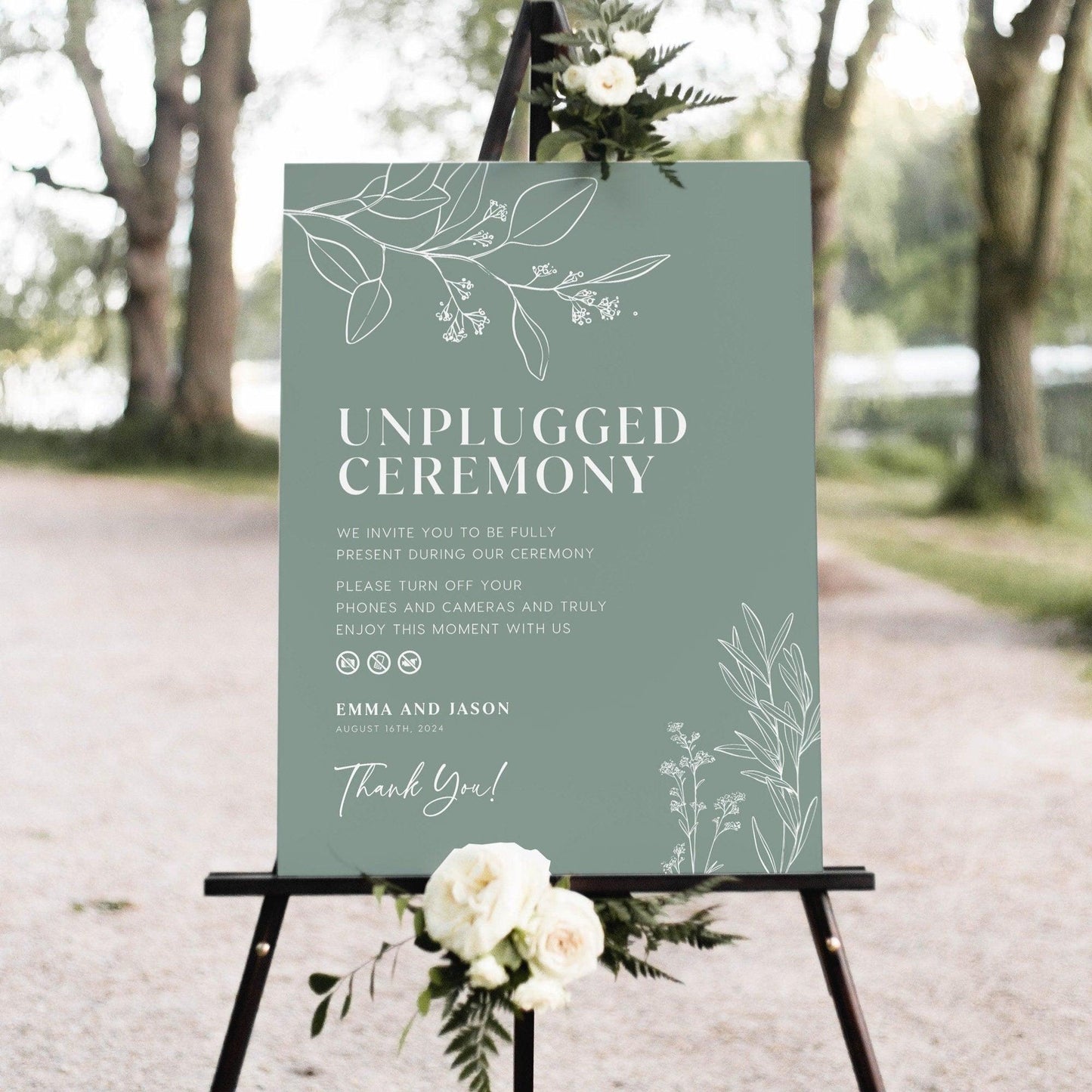 Unplugged Wedding Ceremony Sign - Sage Flroal - LovelyTemplatesCo