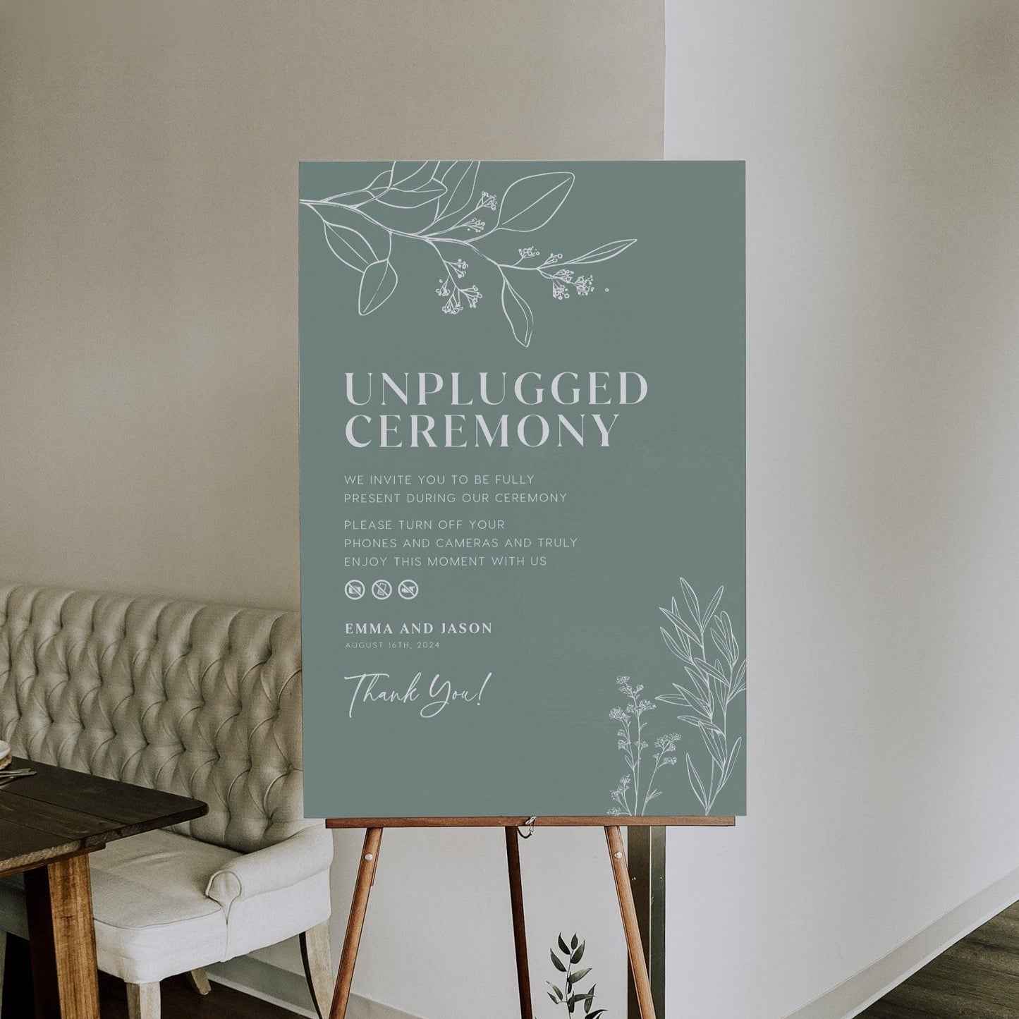 Unplugged Wedding Ceremony Sign - Sage Flroal - LovelyTemplatesCo