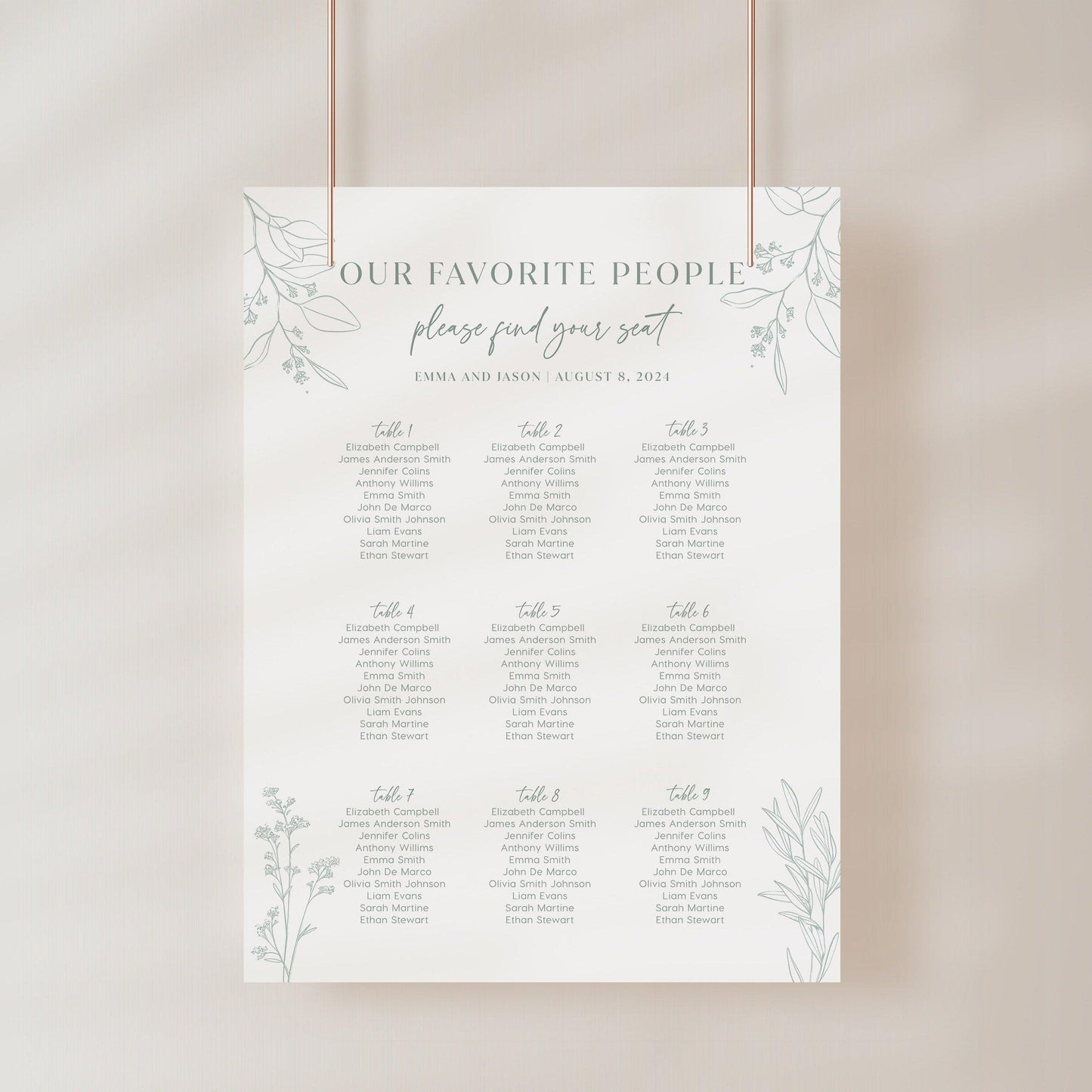 Whimsical Sage Floral Seating Chart Template - LovelyTemplatesCo