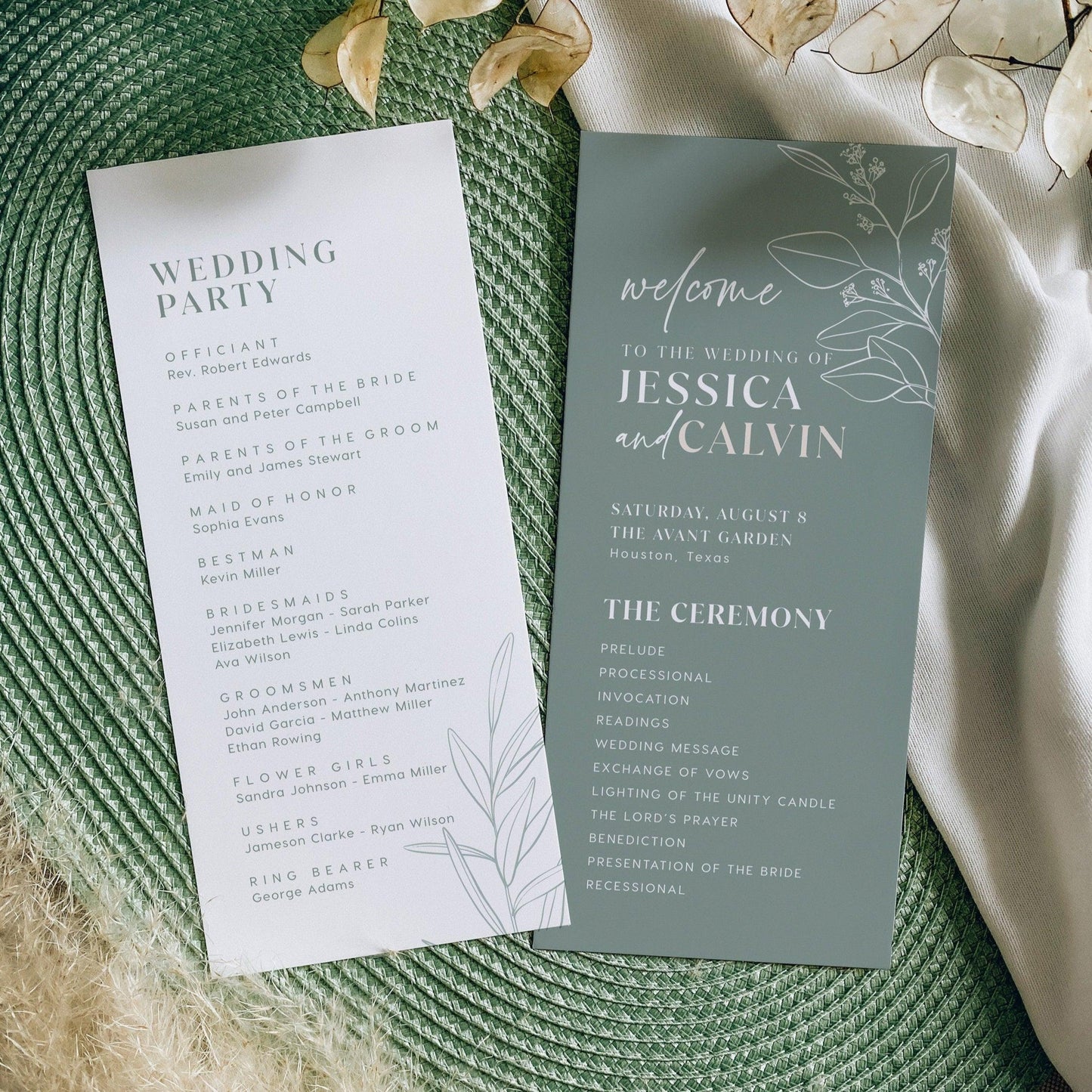 Whimsical Sage Floral Wedding Program Cards - LovelyTemplatesCo