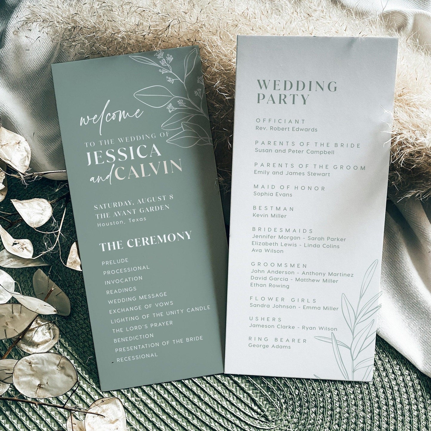 Whimsical Sage Floral Wedding Program Cards - LovelyTemplatesCo
