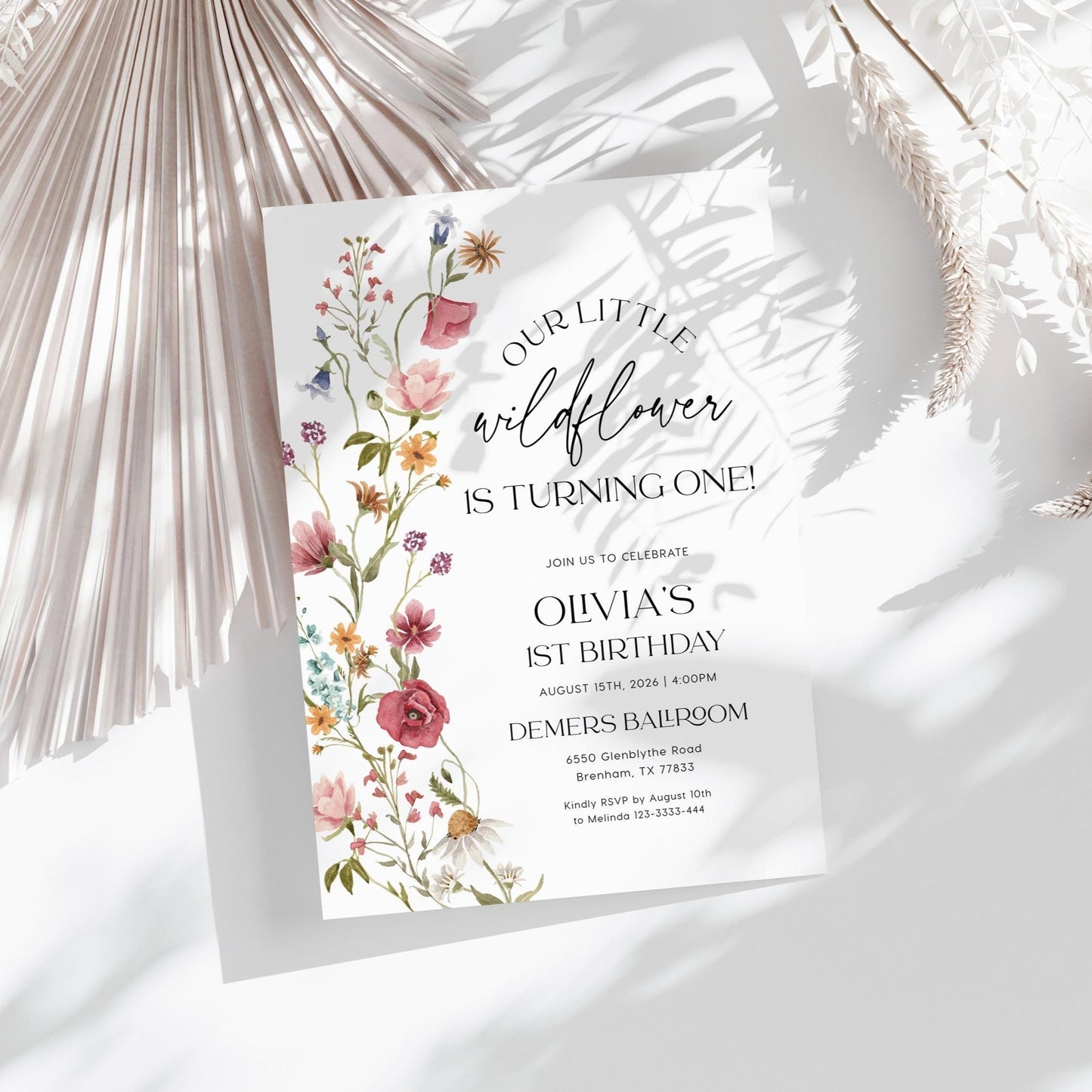 Wildflower 1st Birthday invitation - LovelyTemplatesCo