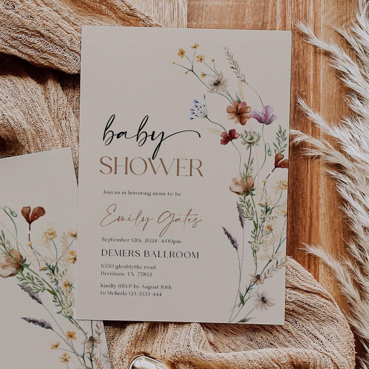 Wildflower Baby Shower Invitation | Beige Baby Shower Invitation - LovelyTemplatesCo