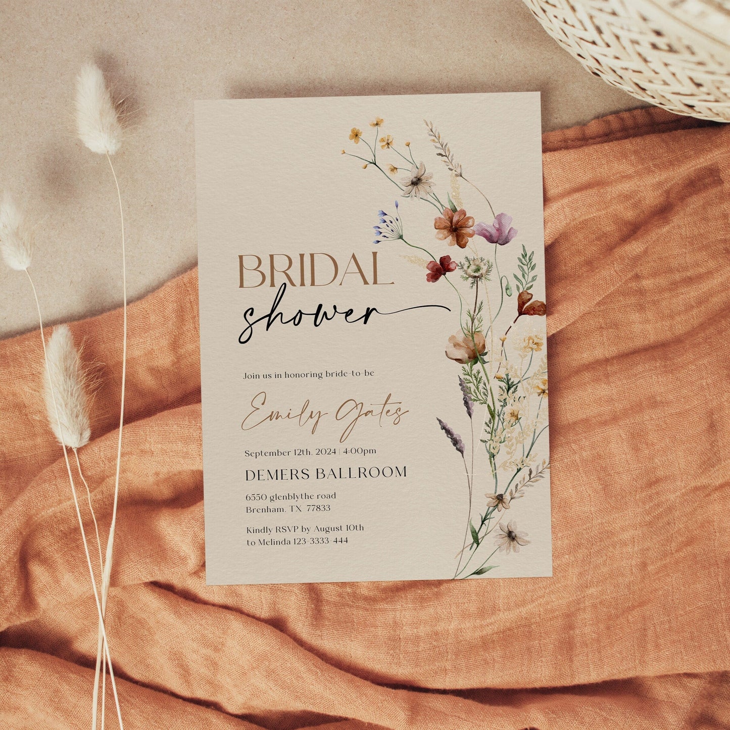 Wildflower Bridal Shower Invitation, Floral Boho Bridal Shower Invitation template - LovelyTemplatesCo