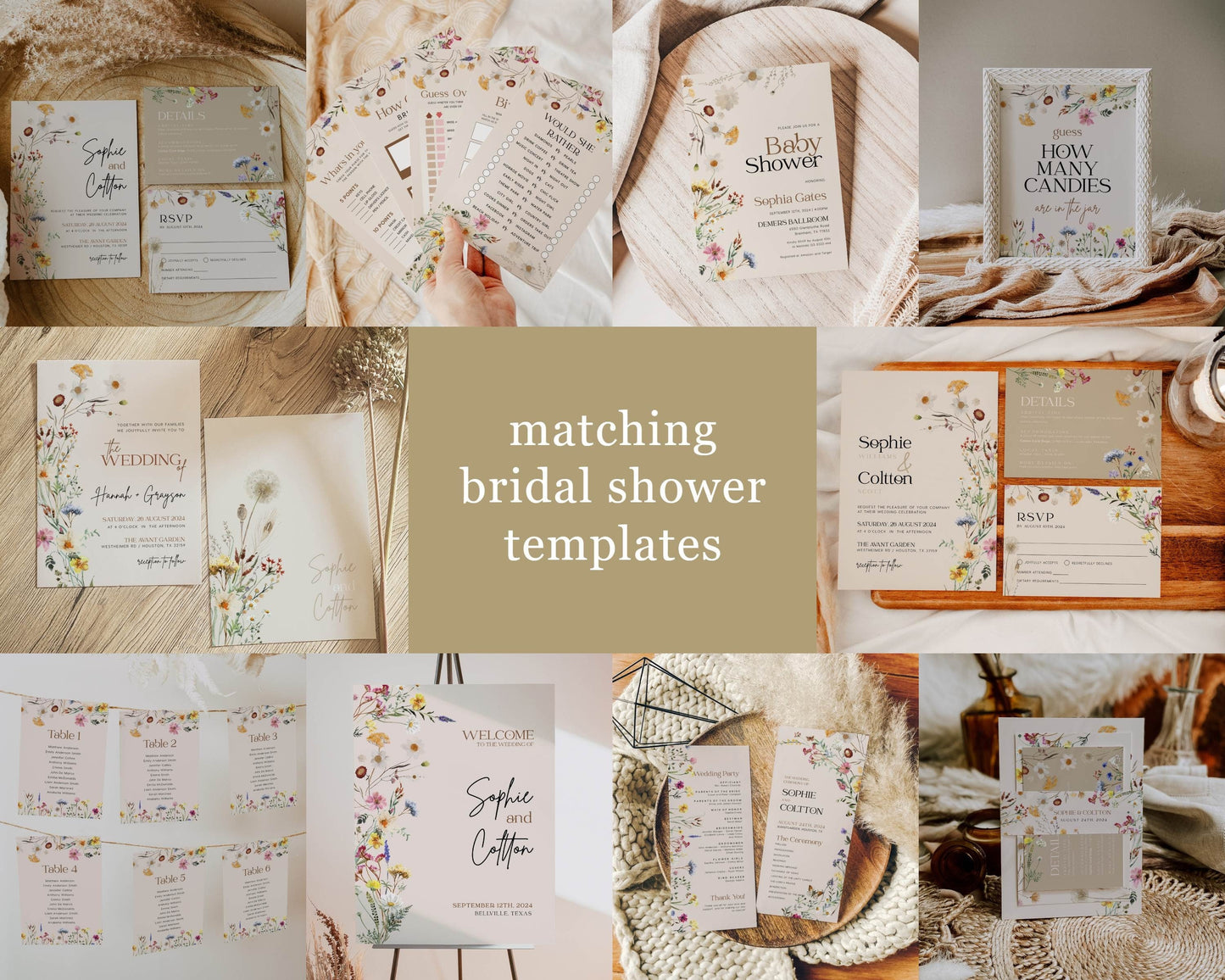 Wildflower wedding invitation | Boho Wedding invitation Bundle | Customizable templates - LovelyTemplatesCo