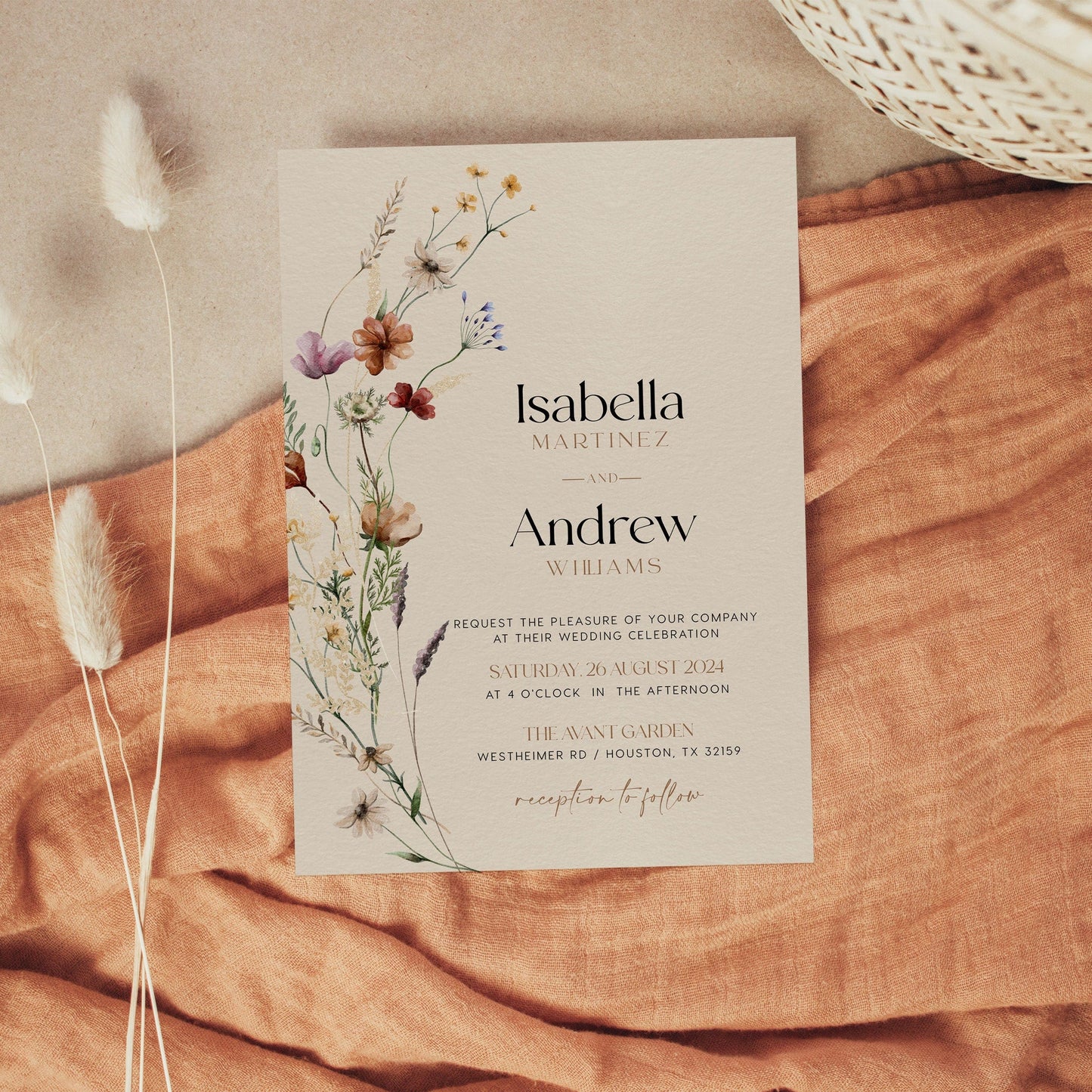 Wildflower Wedding Invitation Set, Beige Wedding invitation set - LovelyTemplatesCo