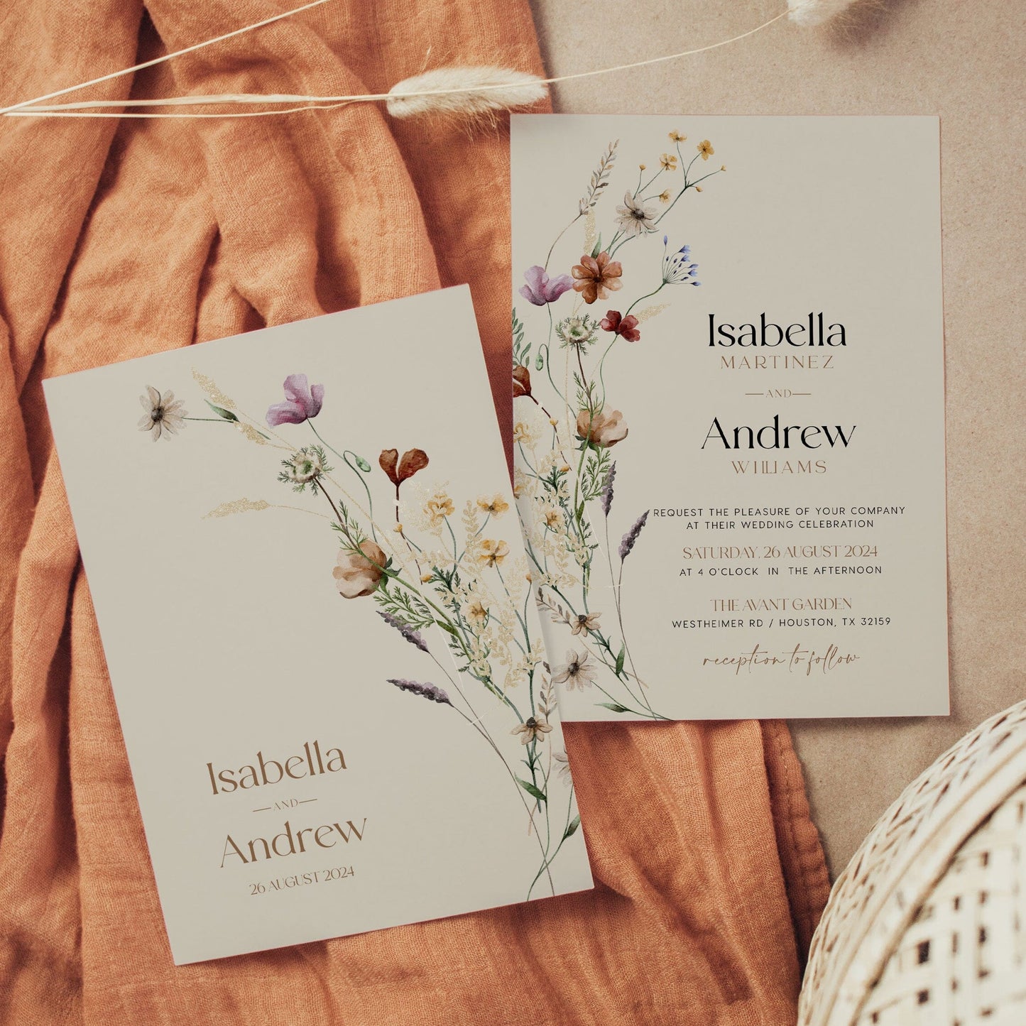 Wildflower Wedding Invitation Set, Beige Wedding invitation set - LovelyTemplatesCo