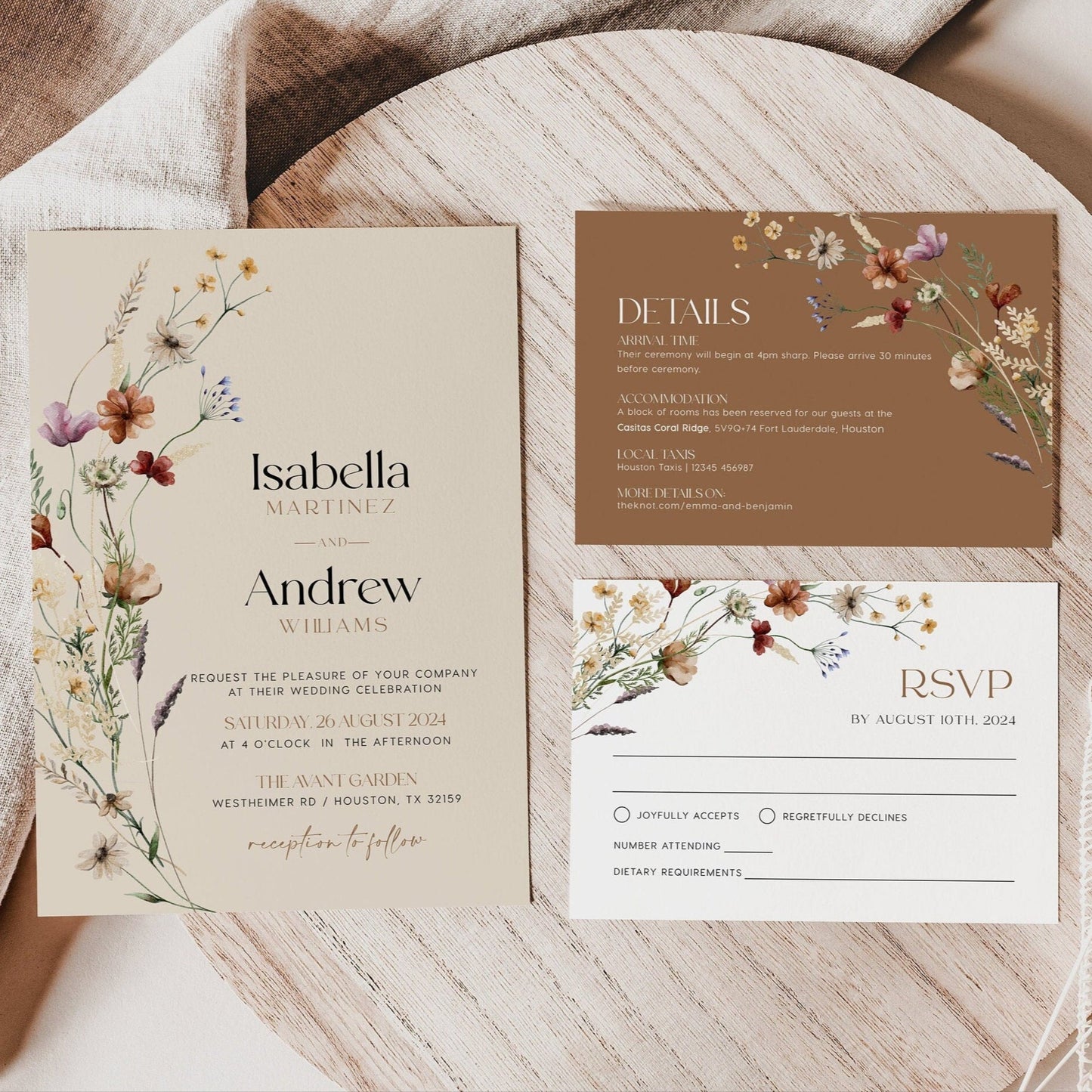 Wildflower Wedding Invitation Set, Beige Wedding invitation set - LovelyTemplatesCo