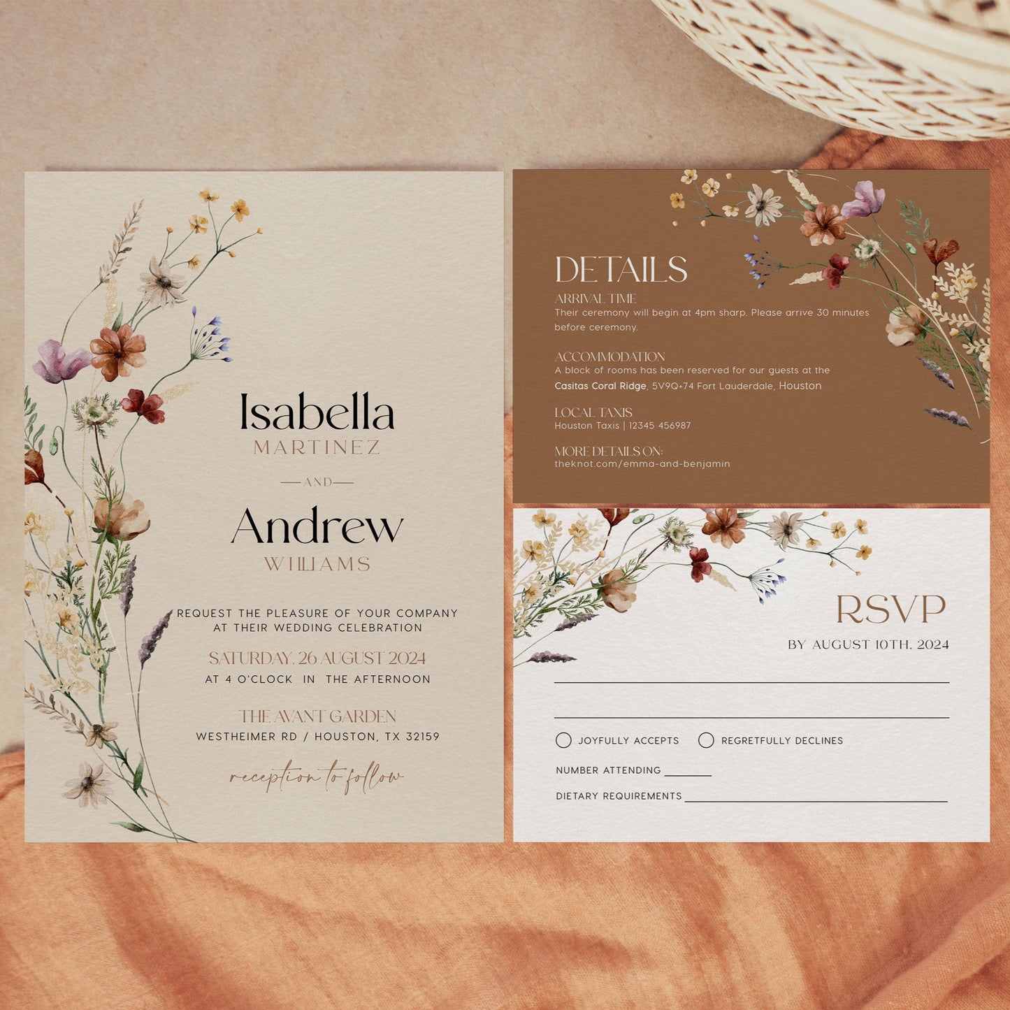 Wildflower Wedding Invitation Set, Beige Wedding invitation set - LovelyTemplatesCo