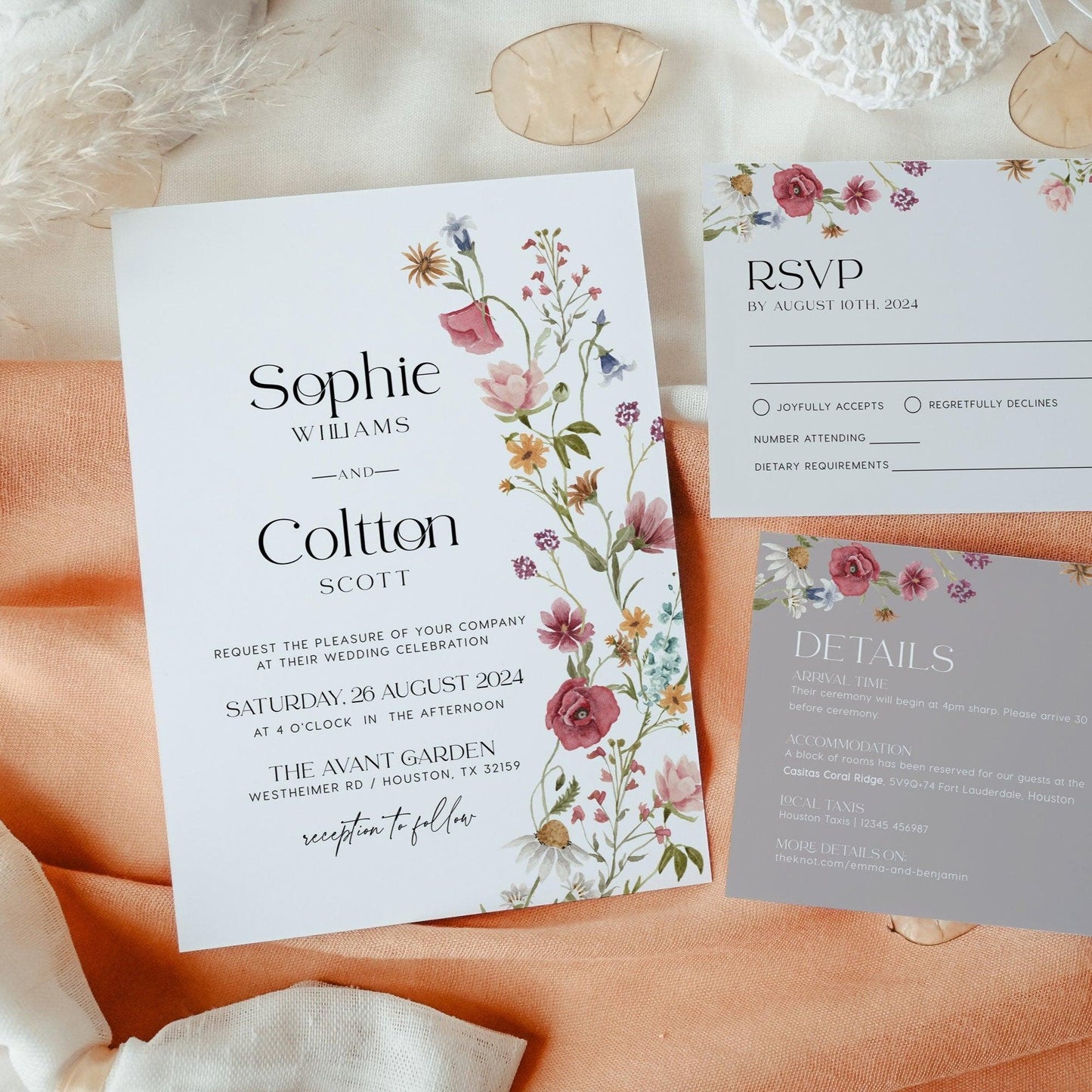 Wildflower Wedding Invitation, Spring Summer floral wedding invitation set - LovelyTemplatesCo