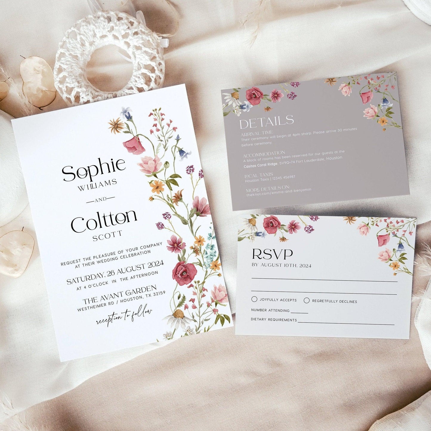 Wildflower Wedding Invitation, Spring Summer floral wedding invitation set - LovelyTemplatesCo