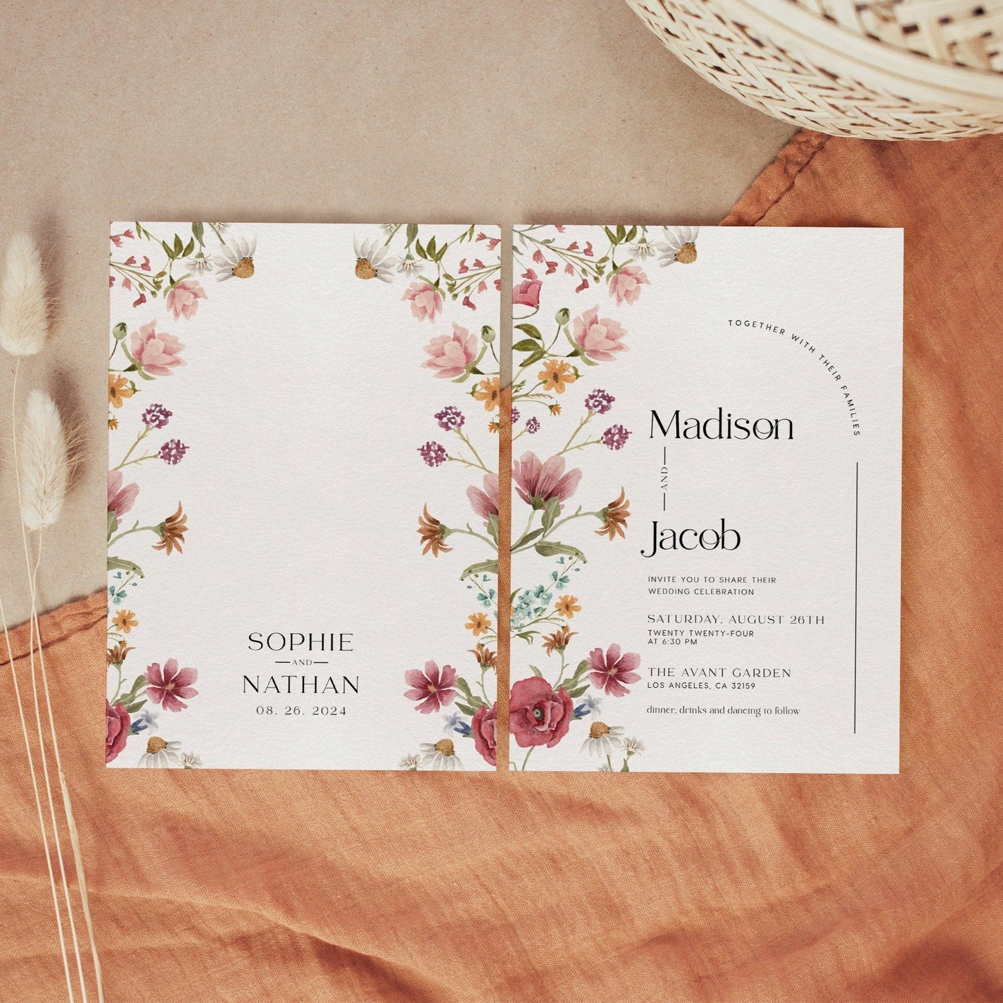 Wildflower Wedding Invitation with Watercolor Spring Summer flowers - LovelyTemplatesCo