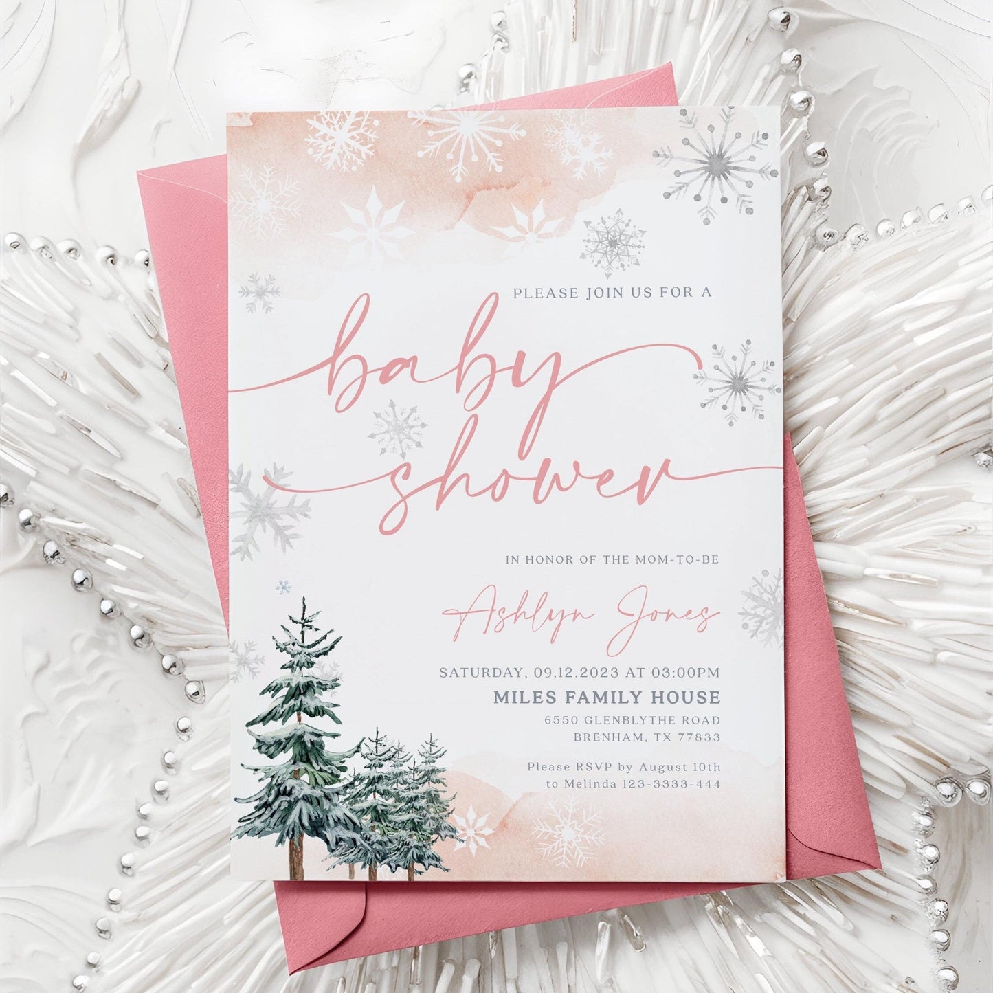Winter Baby shower invitation, Baby Girl Invitation, Winter Wonderland Baby shower - LovelyTemplatesCo