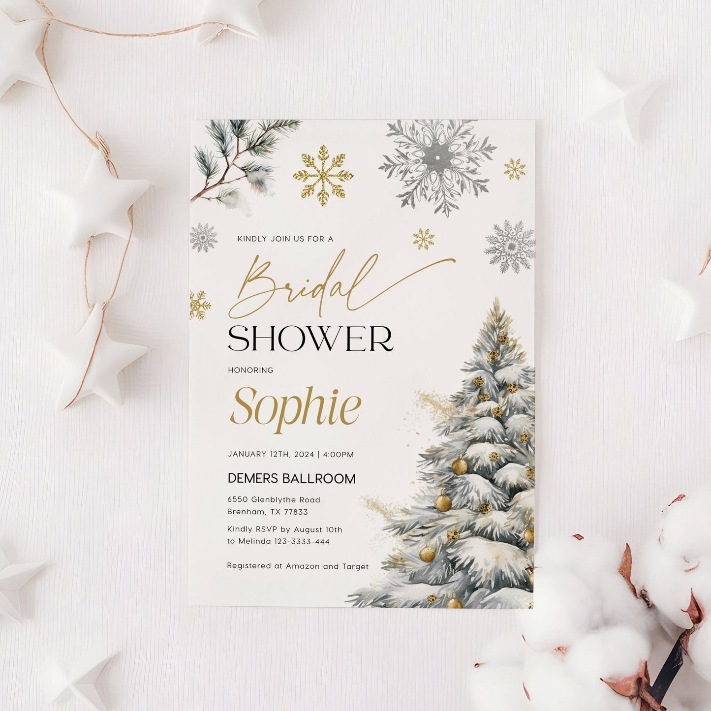 Winter Bridal shower invitation, Gold and Silver bridal shower invitation template - LovelyTemplatesCo