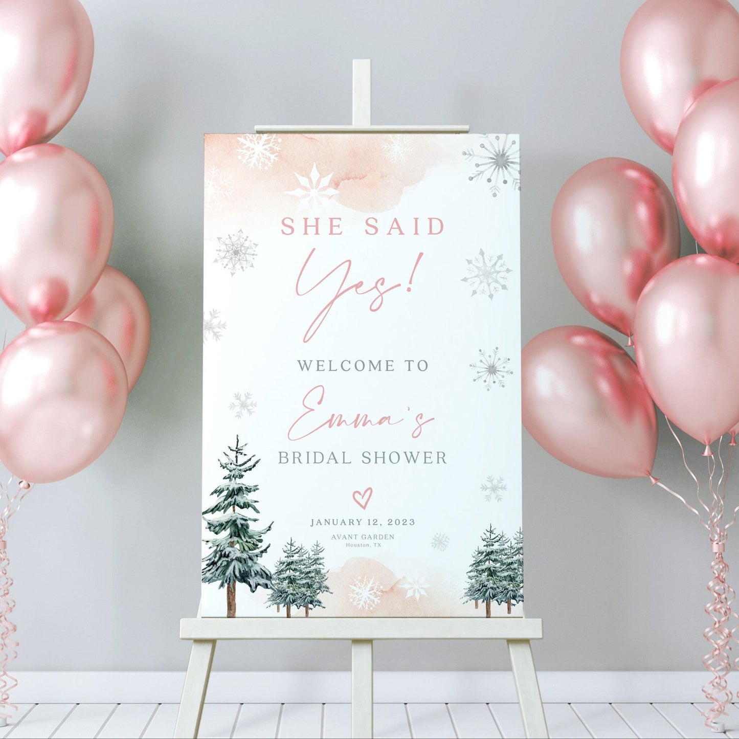 Winter Bridal shower Welcome sign, She Said Yes sign, Pink Bridal shower sign - LovelyTemplatesCo